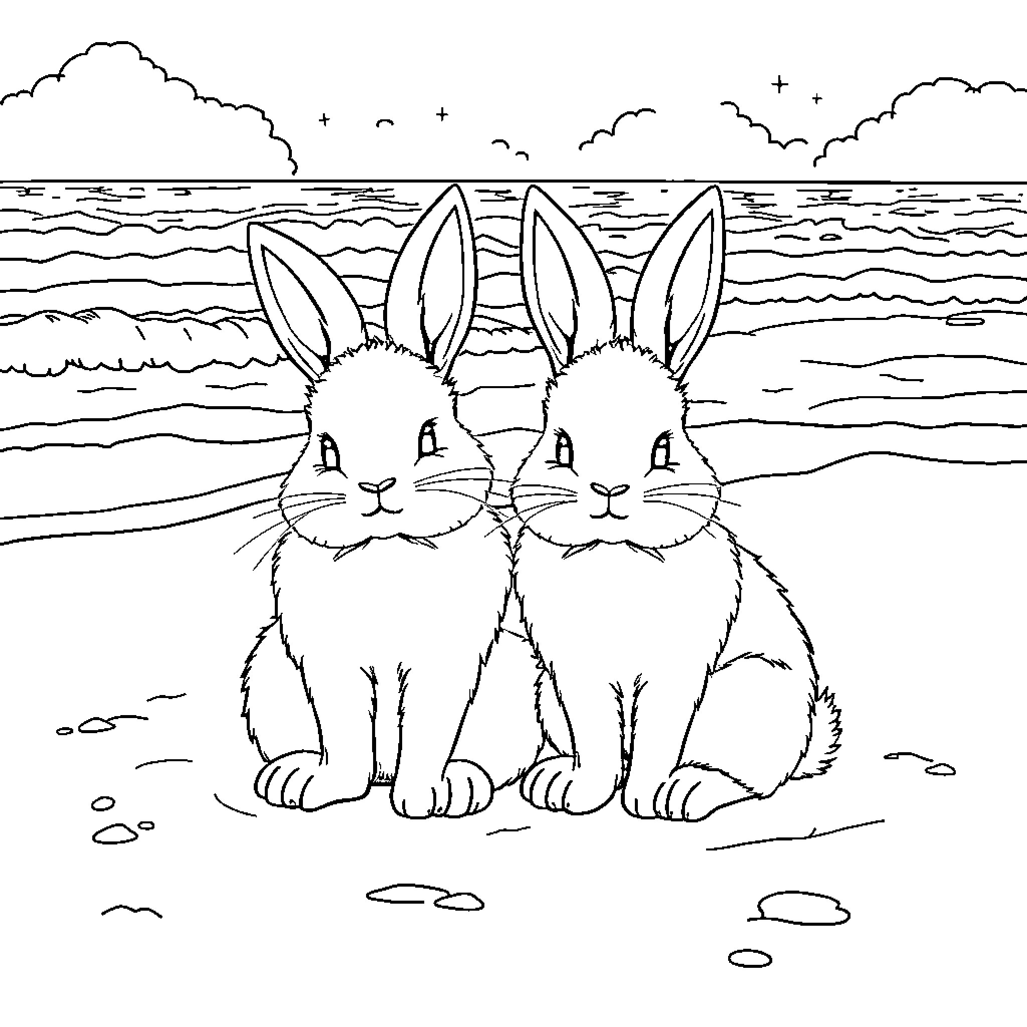 Bunny Duo Enjoying the Seaside Scenery Coloring Page (free black-and-white line drawing printable PDF for all, from beginners to advanced learners, including children, teens, adults, and seniors)