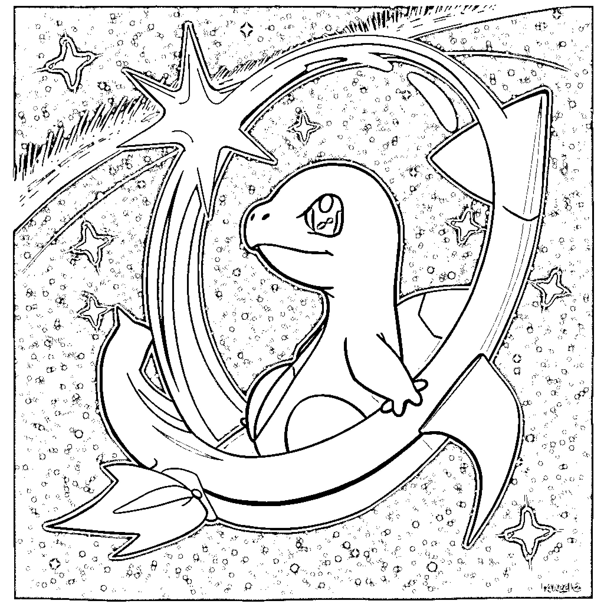 Charmander dancing among the stars Coloring Page (free black-and-white line drawing printable PDF for all, from beginners to advanced learners, including children, teens, adults, and seniors)