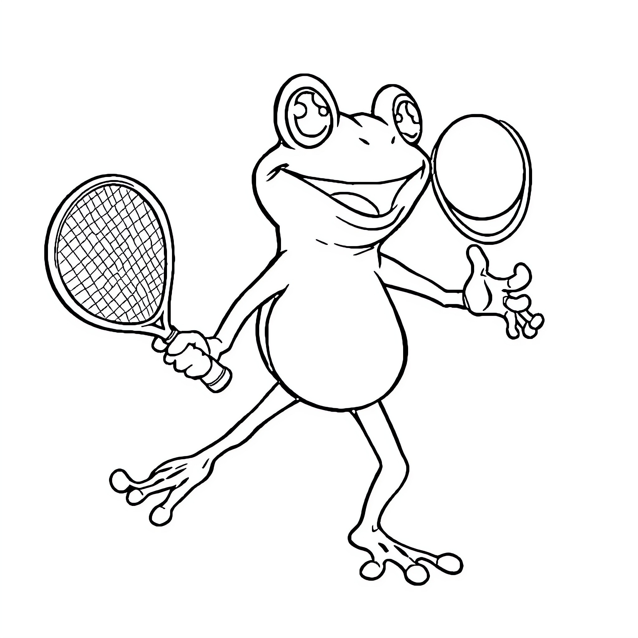 Pepe the Frog playing tennis happily Coloring Page (free black-and-white line drawing printable PDF for all, from beginners to advanced learners, including children, teens, adults, and seniors)