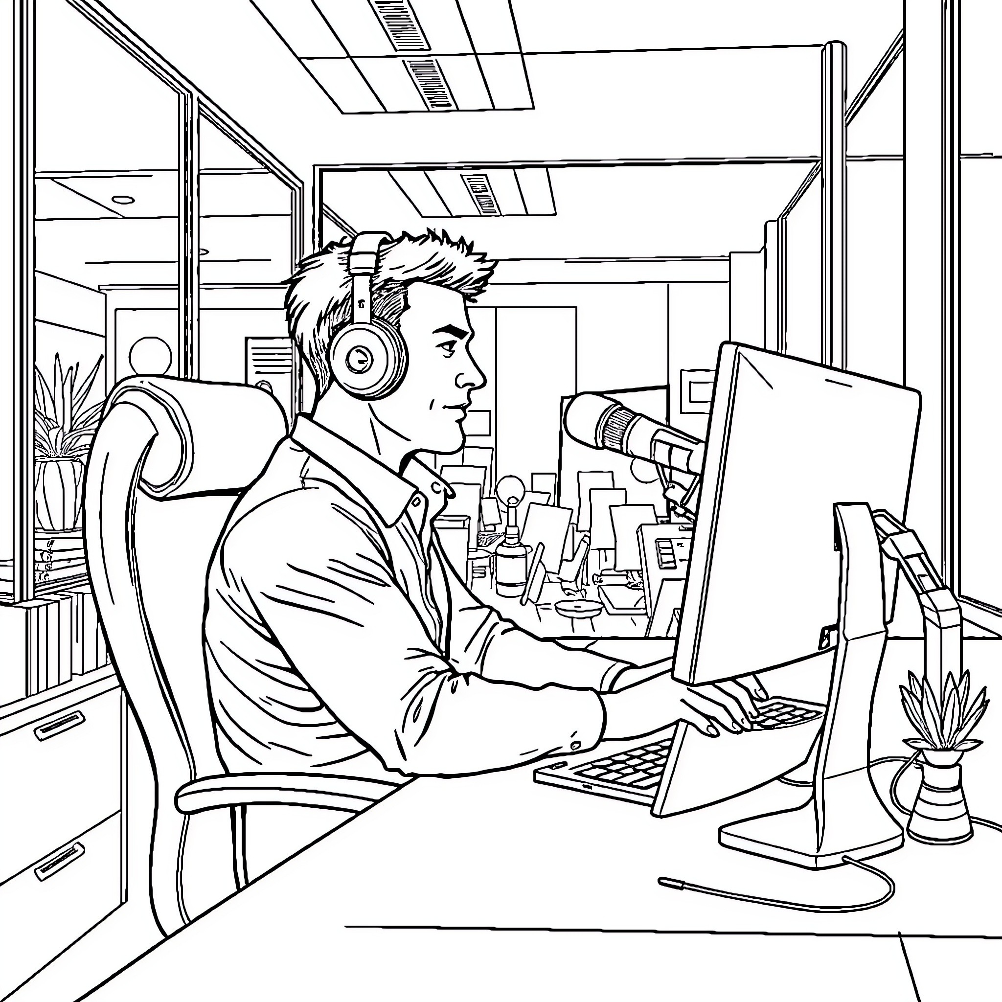 Man working intently at computer in office Coloring Page (free black-and-white line drawing printable PDF for all, from beginners to advanced learners, including children, teens, adults, and seniors)