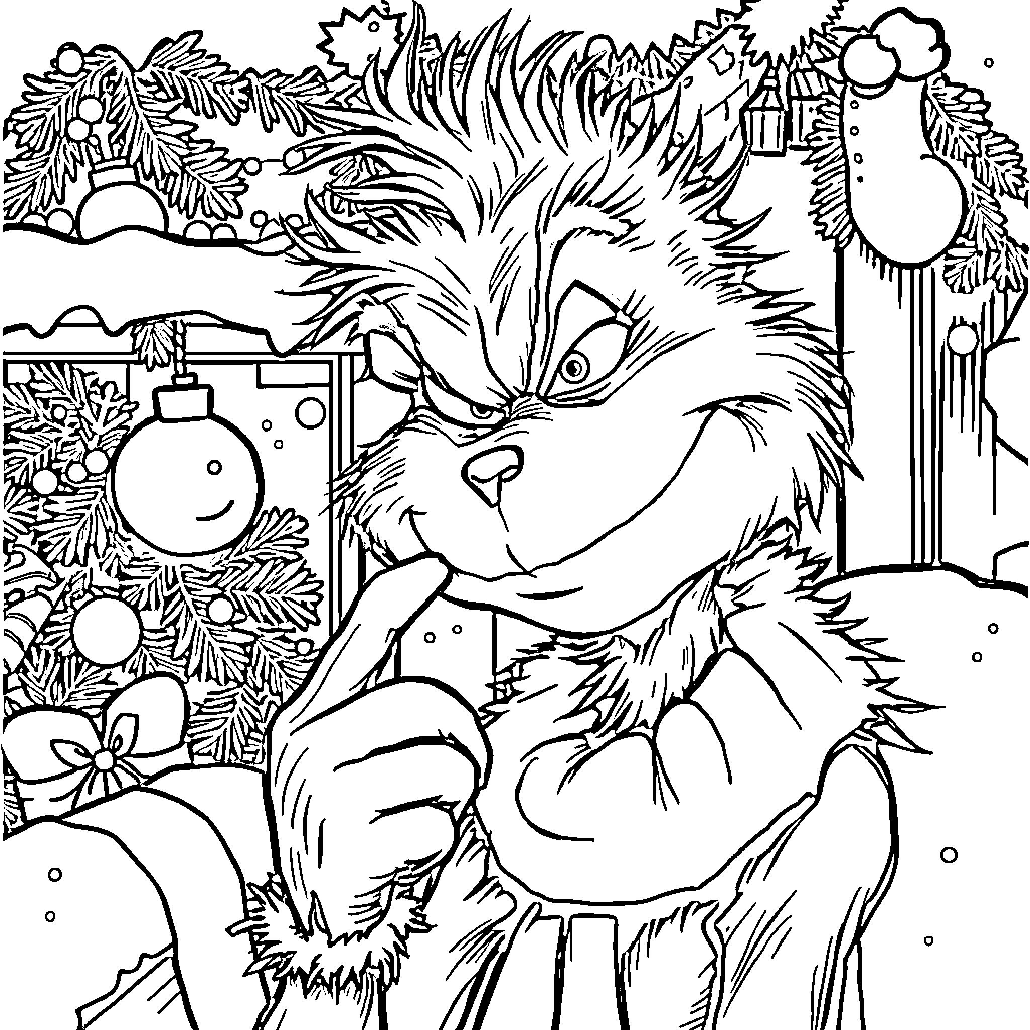 Grinch decorating Christmas tree with ornaments Coloring Page (free black-and-white line drawing printable PDF for all, from beginners to advanced learners, including children, teens, adults, and seniors)