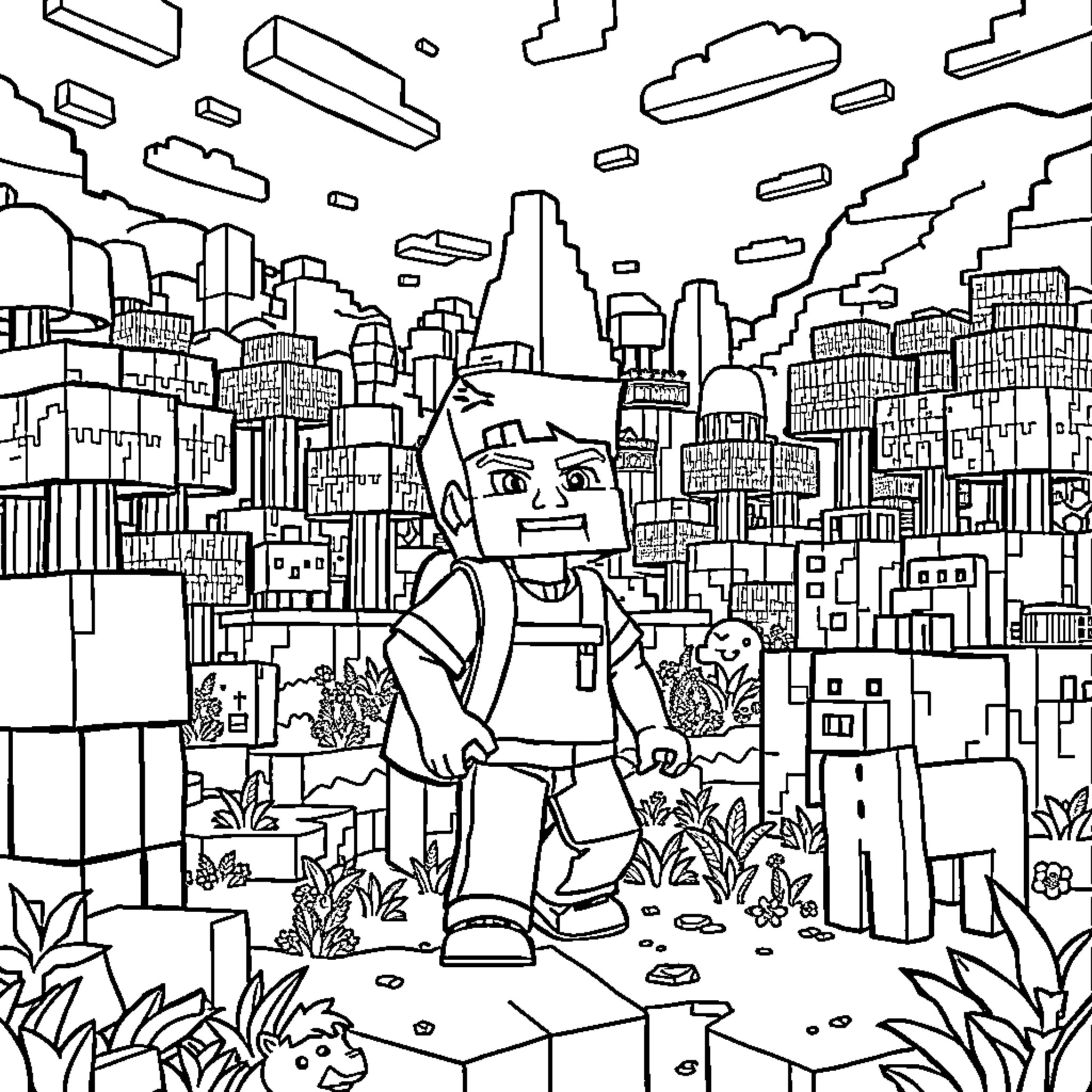 Boy Exploring the Vibrant City Landscape Coloring Page (free black-and-white line drawing printable PDF for all, from beginners to advanced learners, including children, teens, adults, and seniors)
