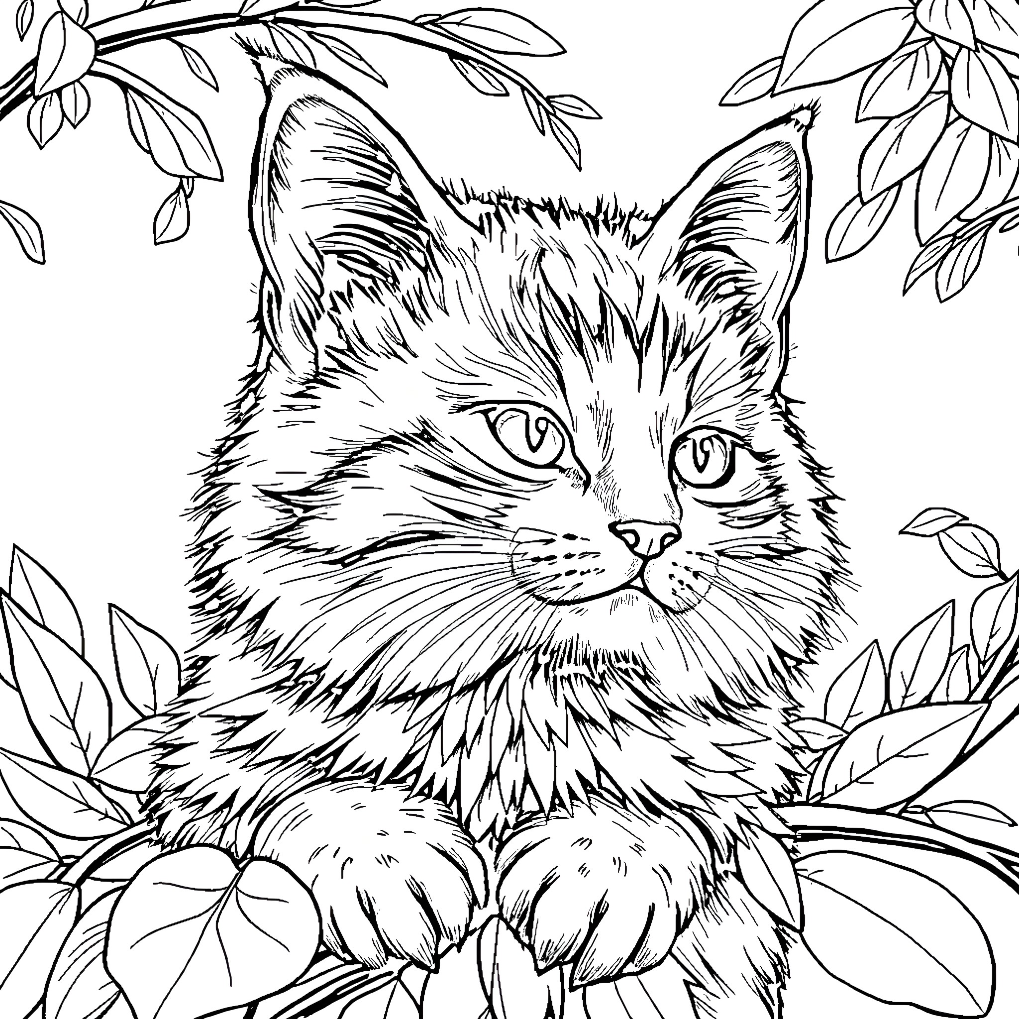 Cat in the Lush Foliage Coloring Page (free black-and-white line drawing printable PDF for all, from beginners to advanced learners, including children, teens, adults, and seniors)