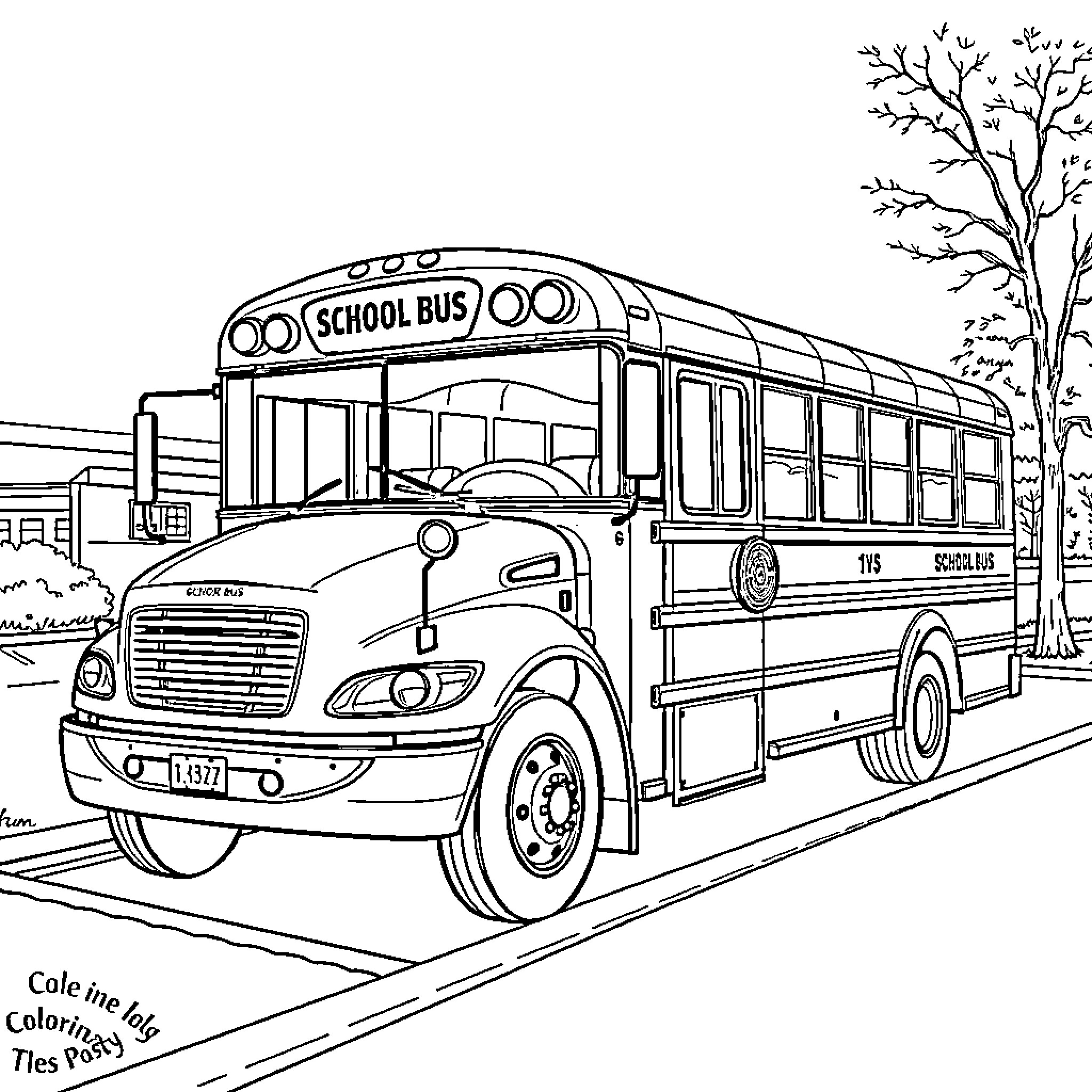 School Bus Transporting Students on a Scenic Route Coloring Page (free black-and-white line drawing printable PDF for all, from beginners to advanced learners, including children, teens, adults, and seniors)