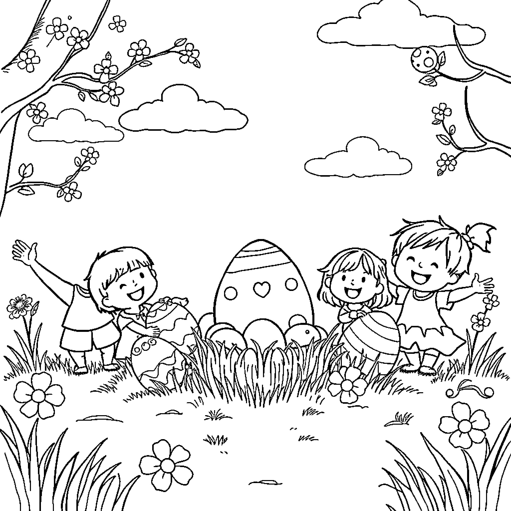 Easter children playing with Easter eggs and flowers Coloring Page (free black-and-white line drawing printable PDF for all, from beginners to advanced learners, including children, teens, adults, and seniors)