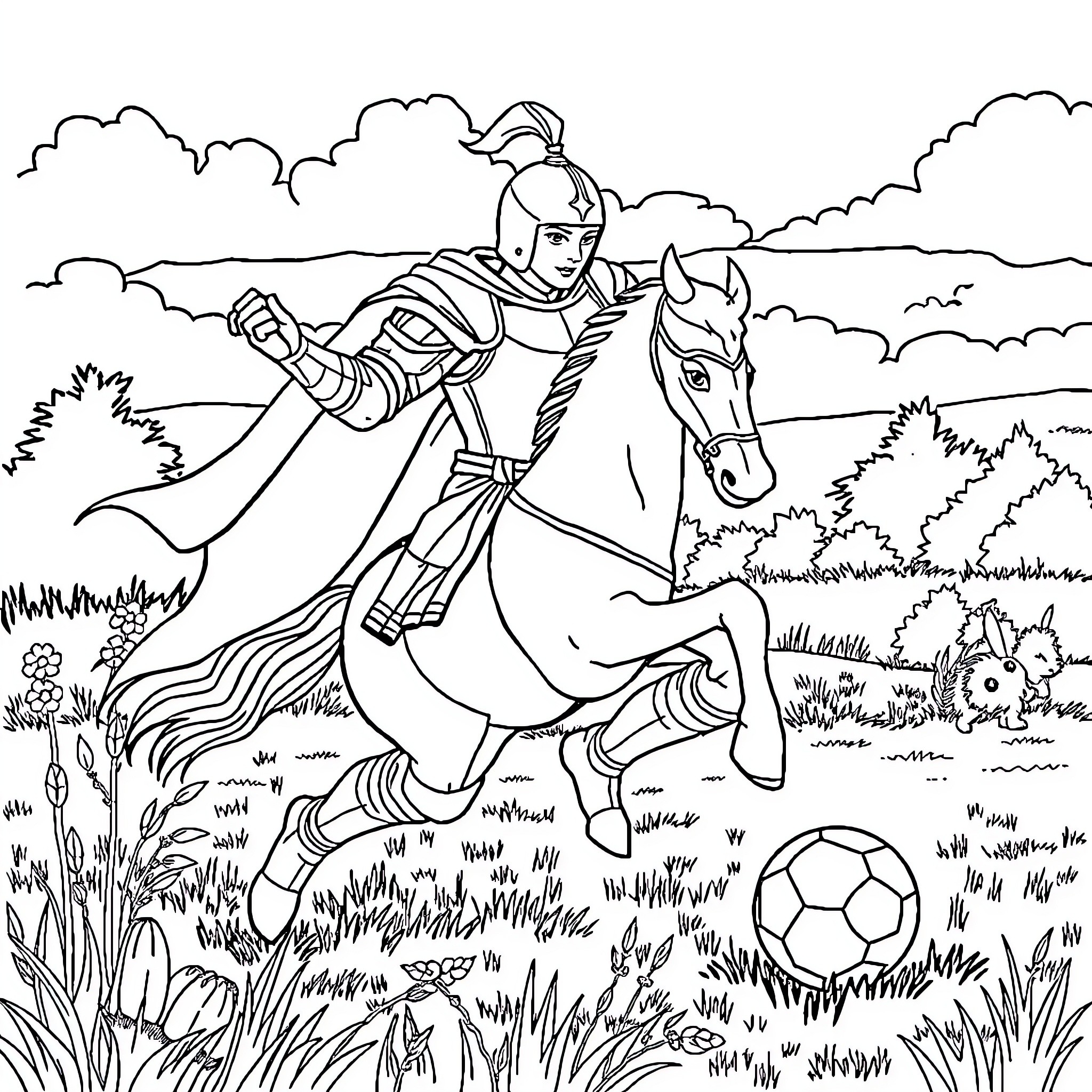Chevalier riding horse through grassy meadow Coloring Page (free black-and-white line drawing printable PDF for all, from beginners to advanced learners, including children, teens, adults, and seniors)