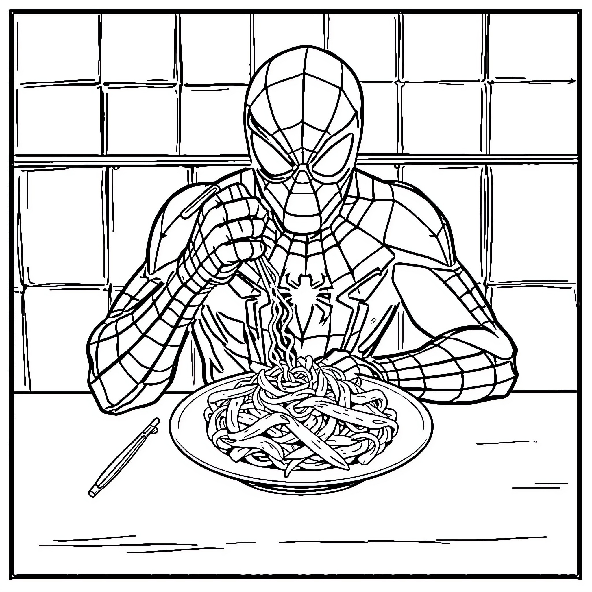Spiderman enjoying a delicious meal Coloring Page (free black-and-white line drawing printable PDF for all, from beginners to advanced learners, including children, teens, adults, and seniors)