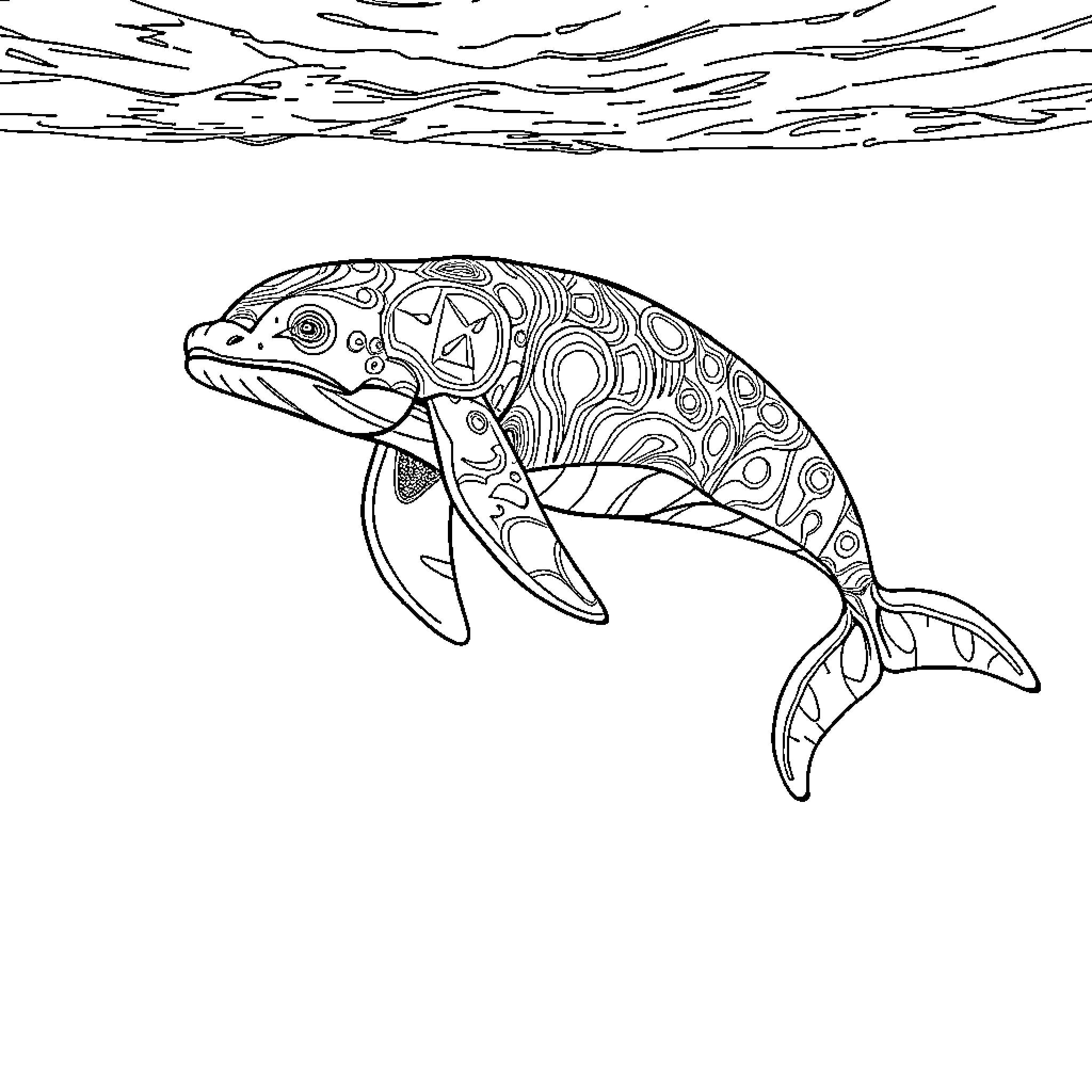 Whale swimming through intricate patterns Coloring Page (free black-and-white line drawing printable PDF for all, from beginners to advanced learners, including children, teens, adults, and seniors)