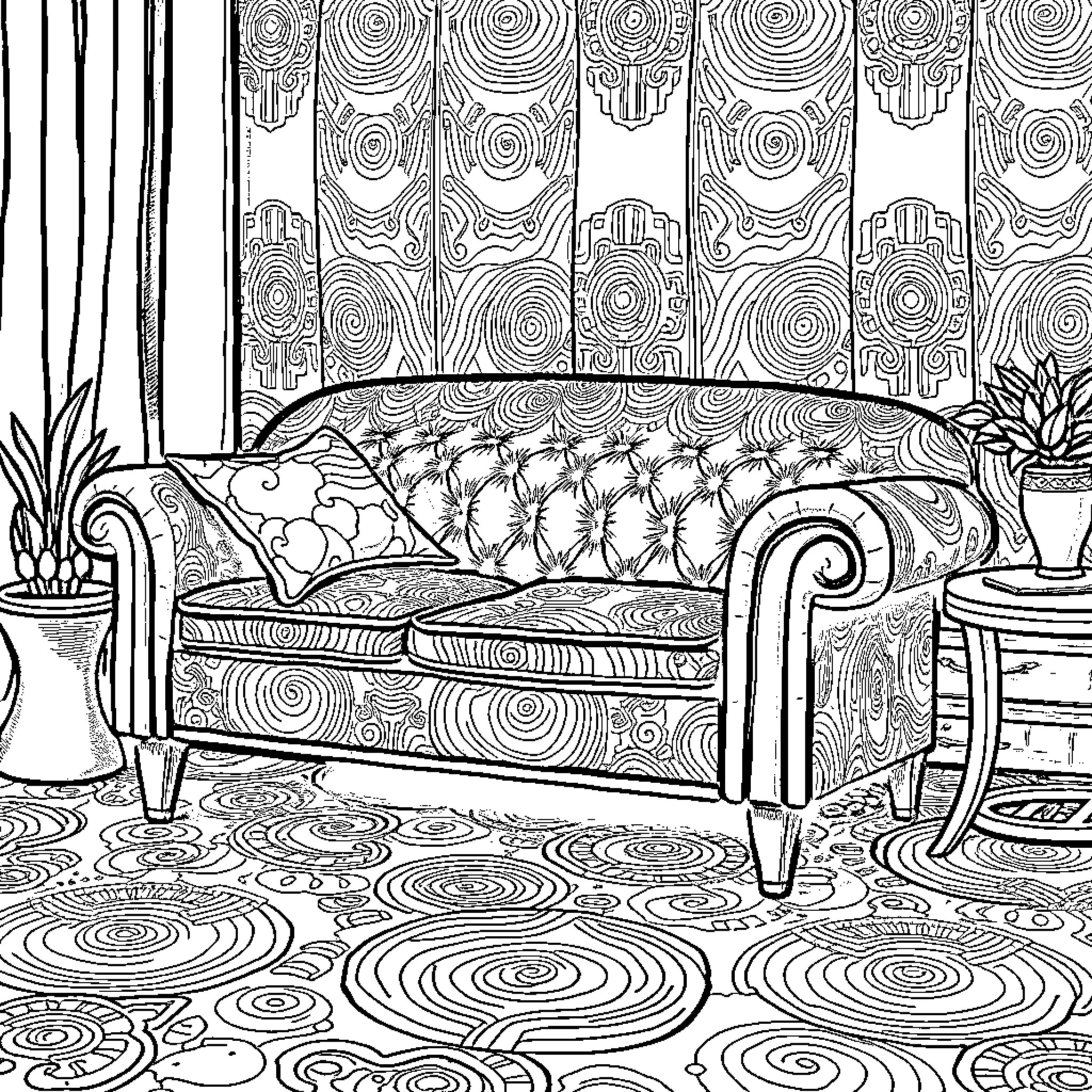 Moquette Cozy Living Room with Tufted Sofa Coloring Page (free black-and-white line drawing printable PDF for all, from beginners to advanced learners, including children, teens, adults, and seniors)