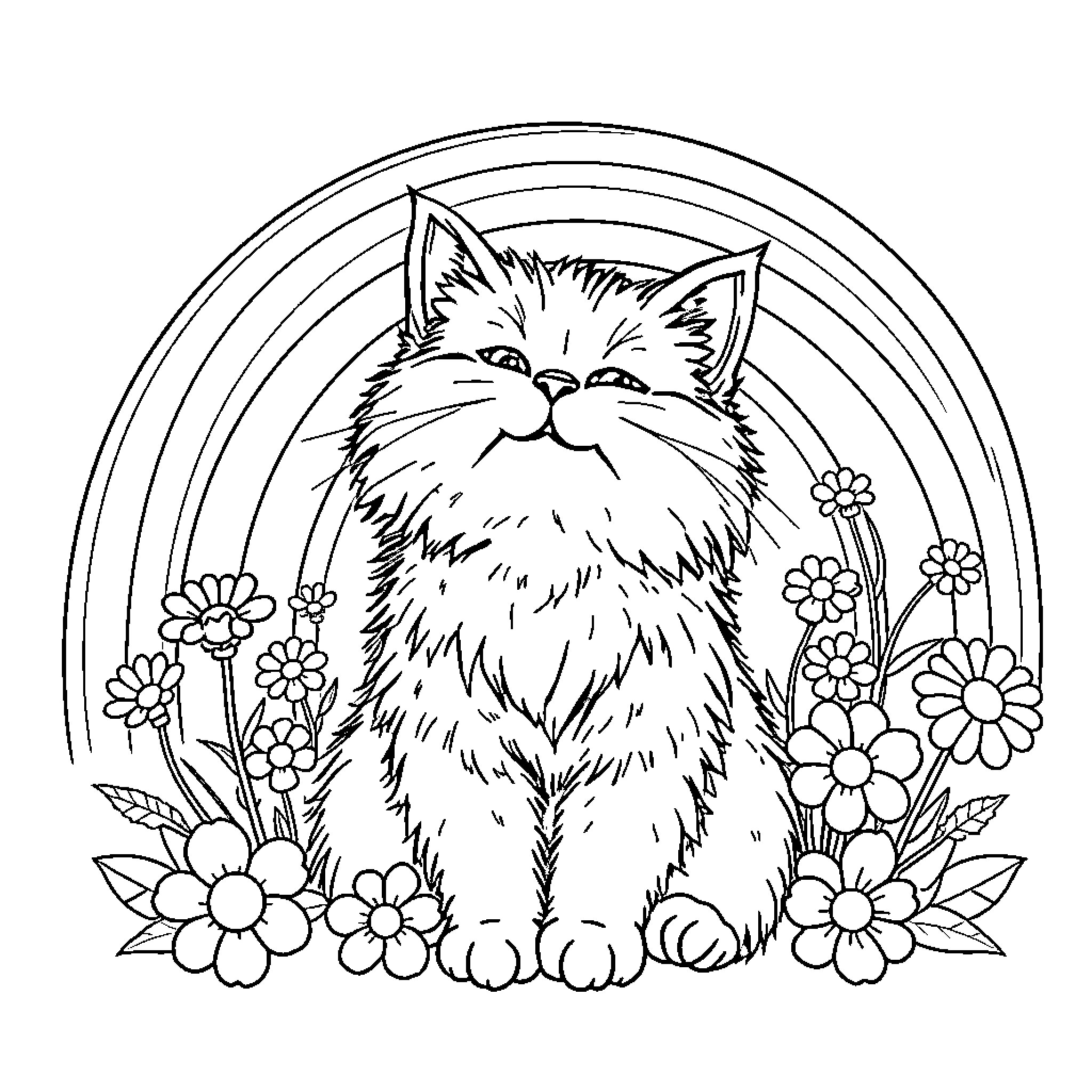 Cat surrounded by flowers in a circular frame Coloring Page (free black-and-white line drawing printable PDF for all, from beginners to advanced learners, including children, teens, adults, and seniors)