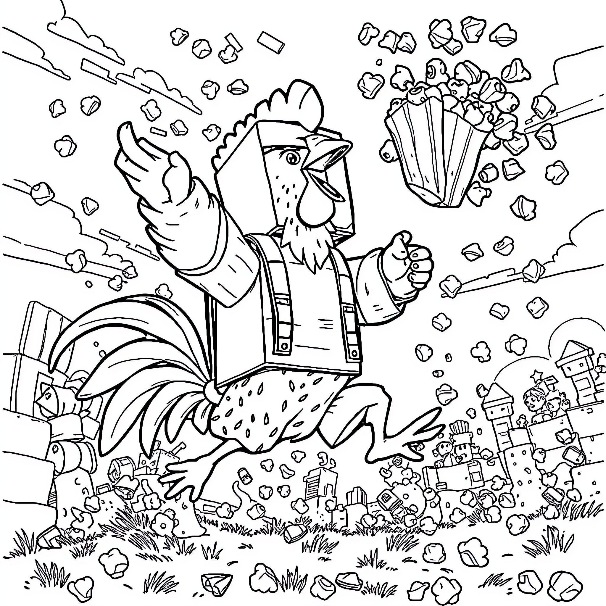 Chicken Jockey in the Midst of a Whirlwind Adventure Coloring Page (free black-and-white line drawing printable PDF for all, from beginners to advanced learners, including children, teens, adults, and seniors)