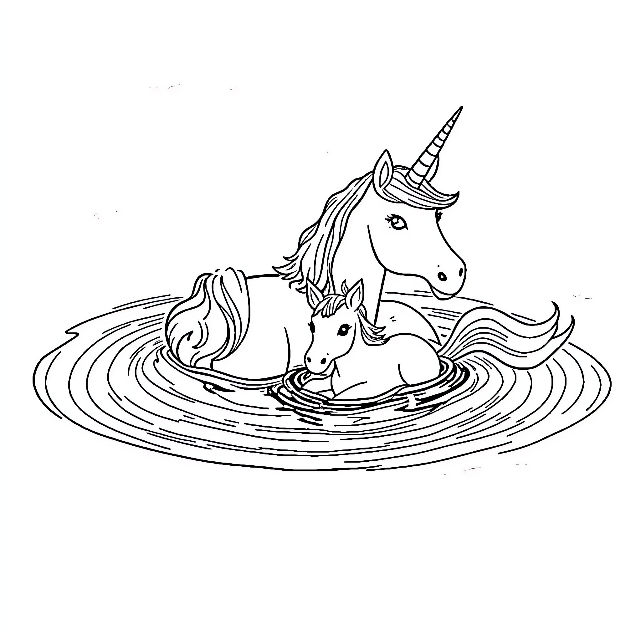 Unicorn mother and calf in pond Coloring Page (free black-and-white line drawing printable PDF for all, from beginners to advanced learners, including children, teens, adults, and seniors)