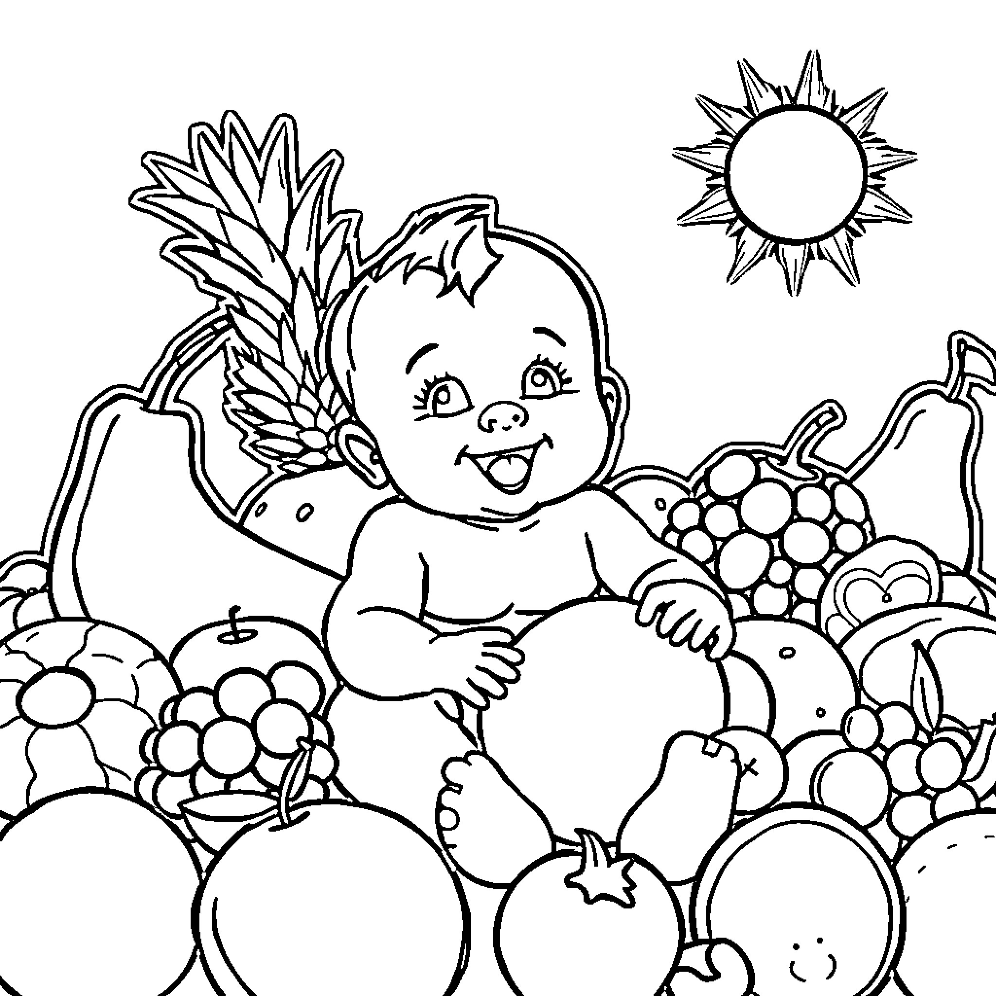 Baby playing happily in nature surrounded by flowers Coloring Page (free black-and-white line drawing printable PDF for all, from beginners to advanced learners, including children, teens, adults, and seniors)