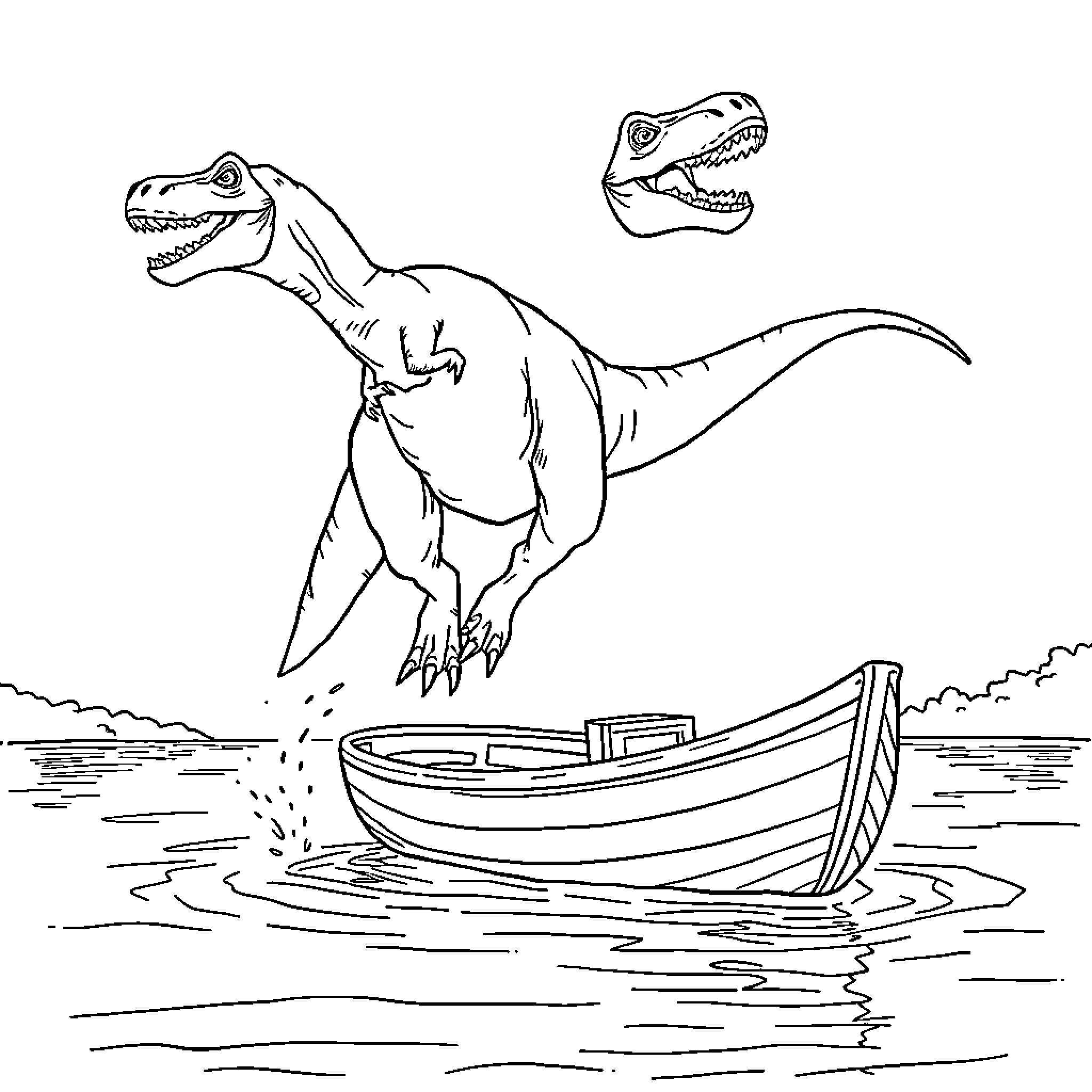 Dinosaur chasing boat in the water Coloring Page (free black-and-white line drawing printable PDF for all, from beginners to advanced learners, including children, teens, adults, and seniors)