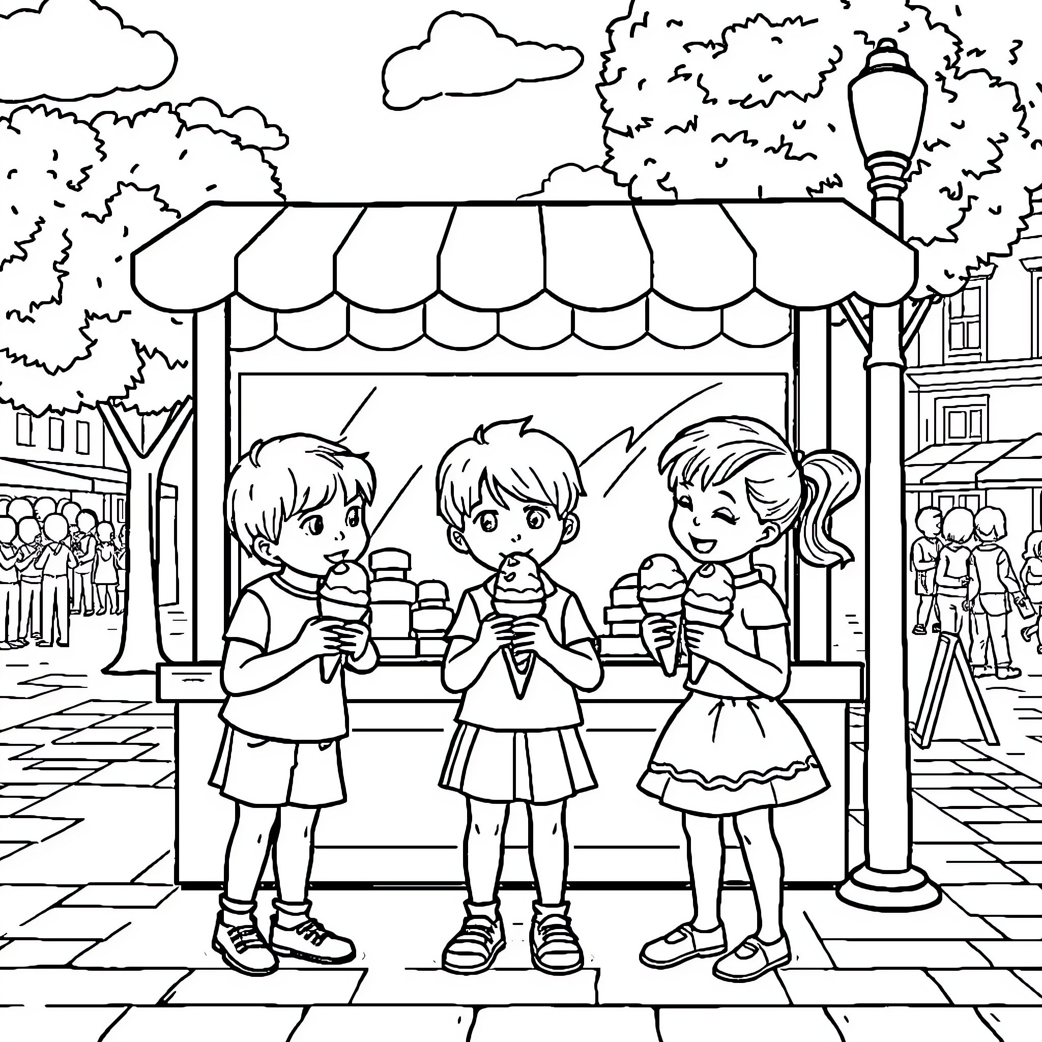Children enjoying ice cream at a street stall Coloring Page (free black-and-white line drawing printable PDF for all, from beginners to advanced learners, including children, teens, adults, and seniors)