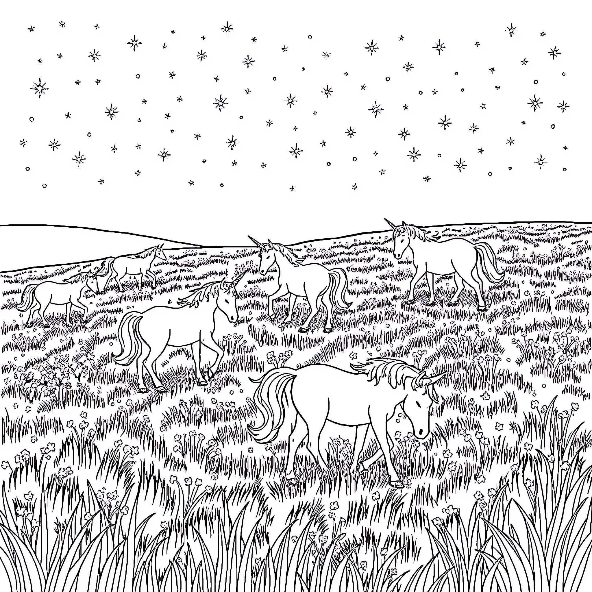 Unicorn herd grazing peacefully in the meadow under starry sky Coloring Page (free black-and-white line drawing printable PDF for all, from beginners to advanced learners, including children, teens, adults, and seniors)