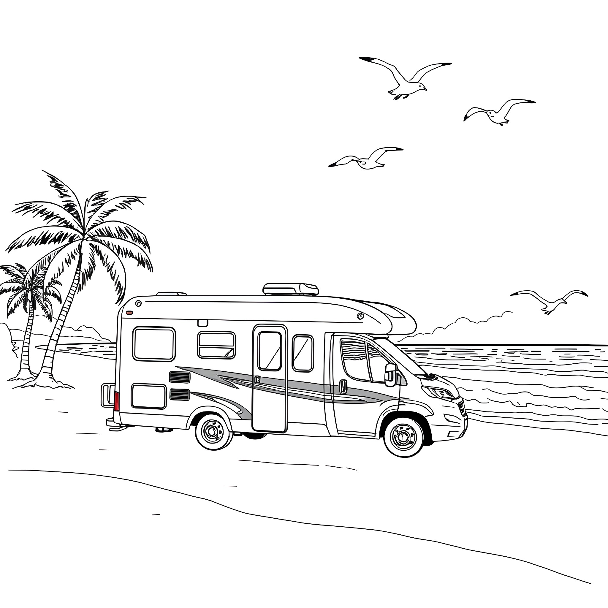 Motorhome on the beach with palm trees and seagulls Coloring Page (free black-and-white line drawing printable PDF for all, from beginners to advanced learners, including children, teens, adults, and seniors)
