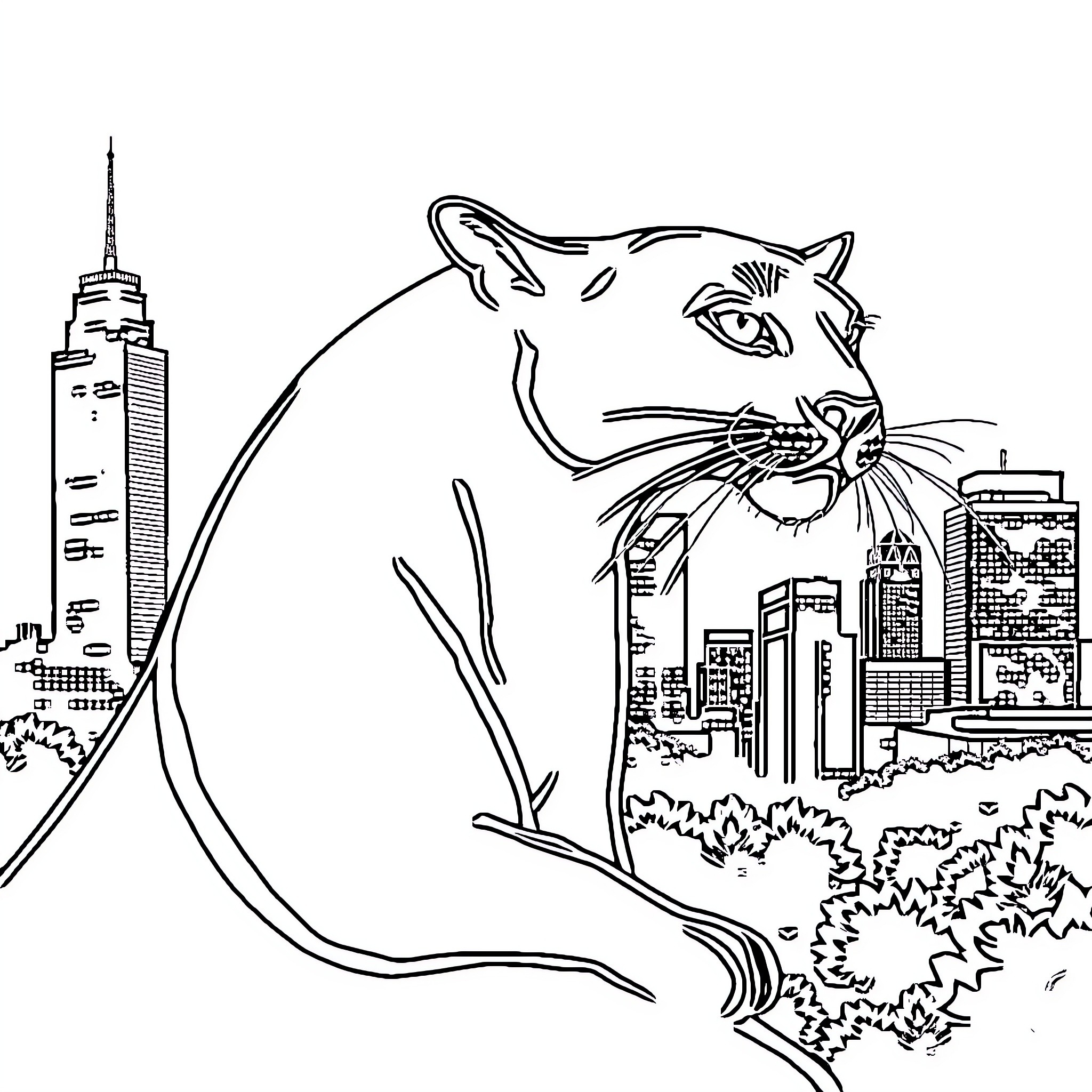 Panther overlooking the city skyline Coloring Page (free black-and-white line drawing printable PDF for all, from beginners to advanced learners, including children, teens, adults, and seniors)