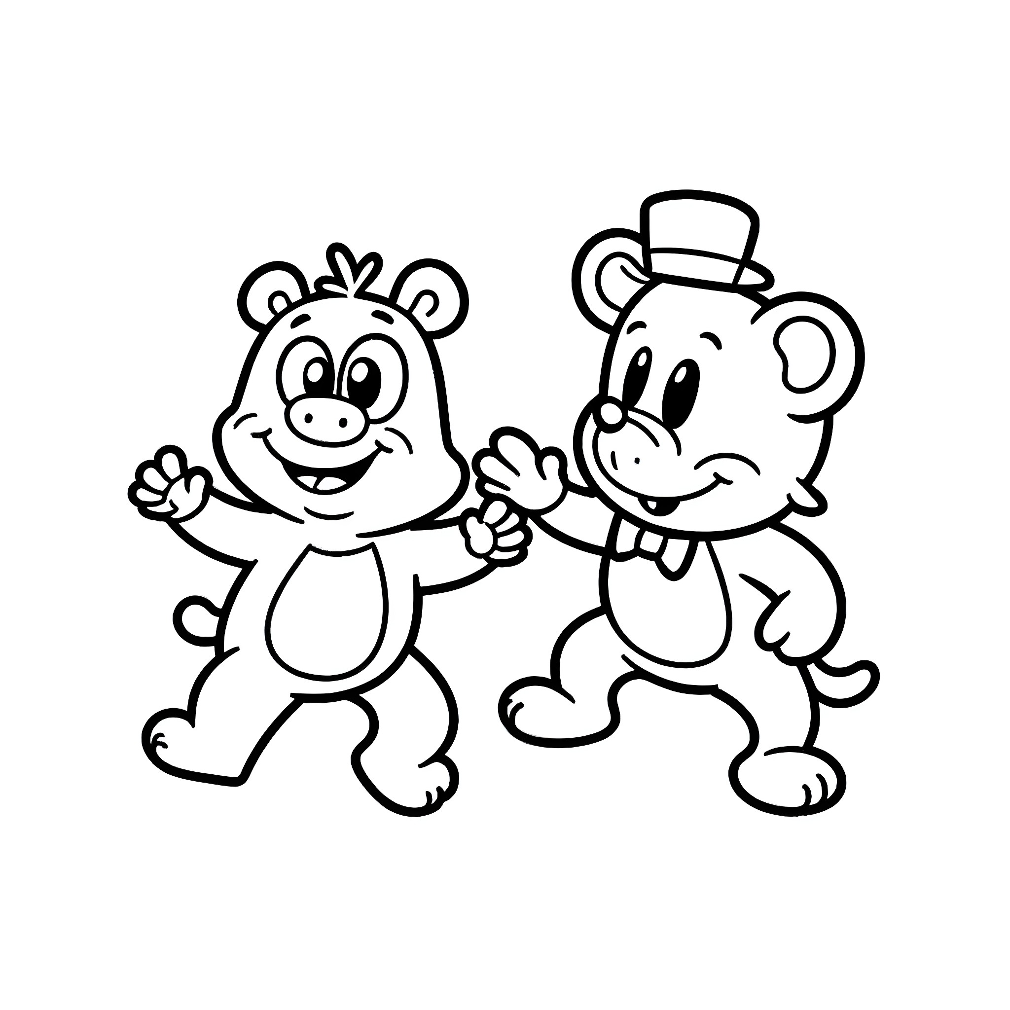 Chuck E. Cheese mascots dancing and playing happily Coloring Page (free black-and-white line drawing printable PDF for all, from beginners to advanced learners, including children, teens, adults, and seniors)