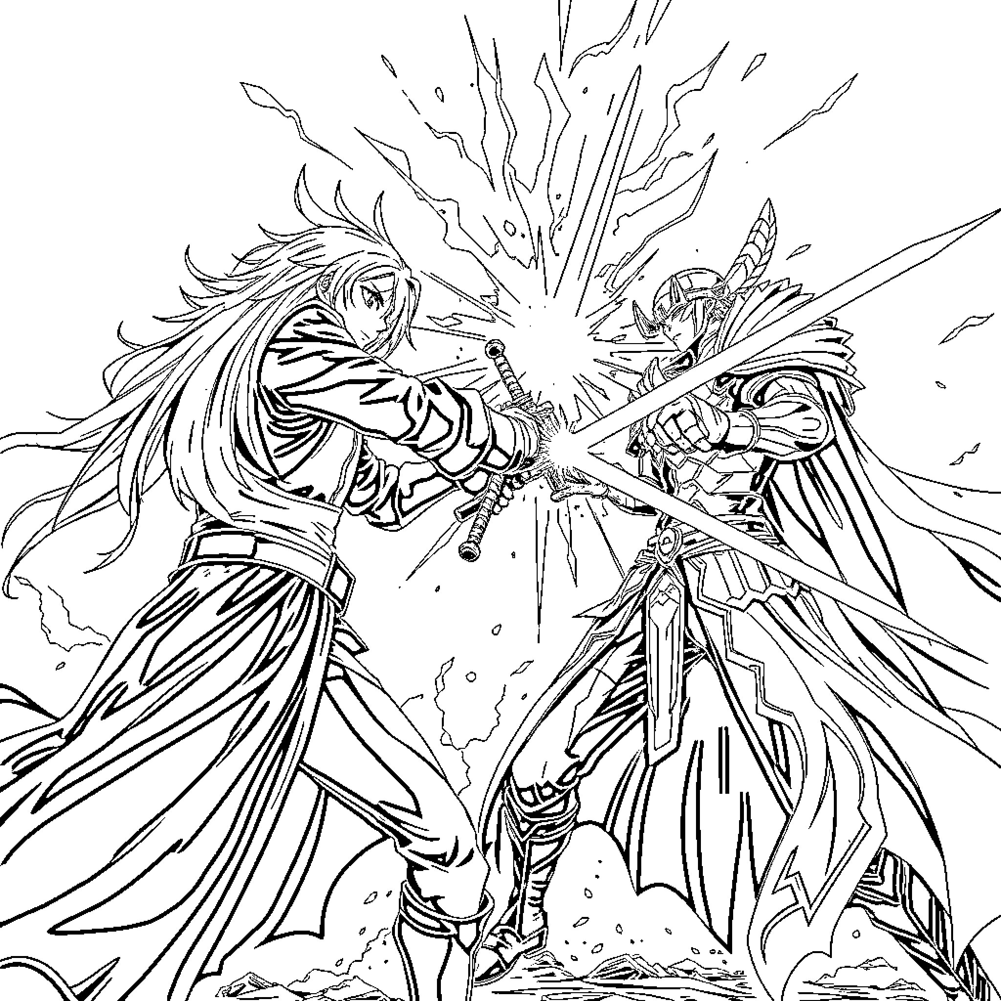 Saber Clash of Fantastical Swordsmen in Epic Combat Coloring Page (free black-and-white line drawing printable PDF for all, from beginners to advanced learners, including children, teens, adults, and seniors)