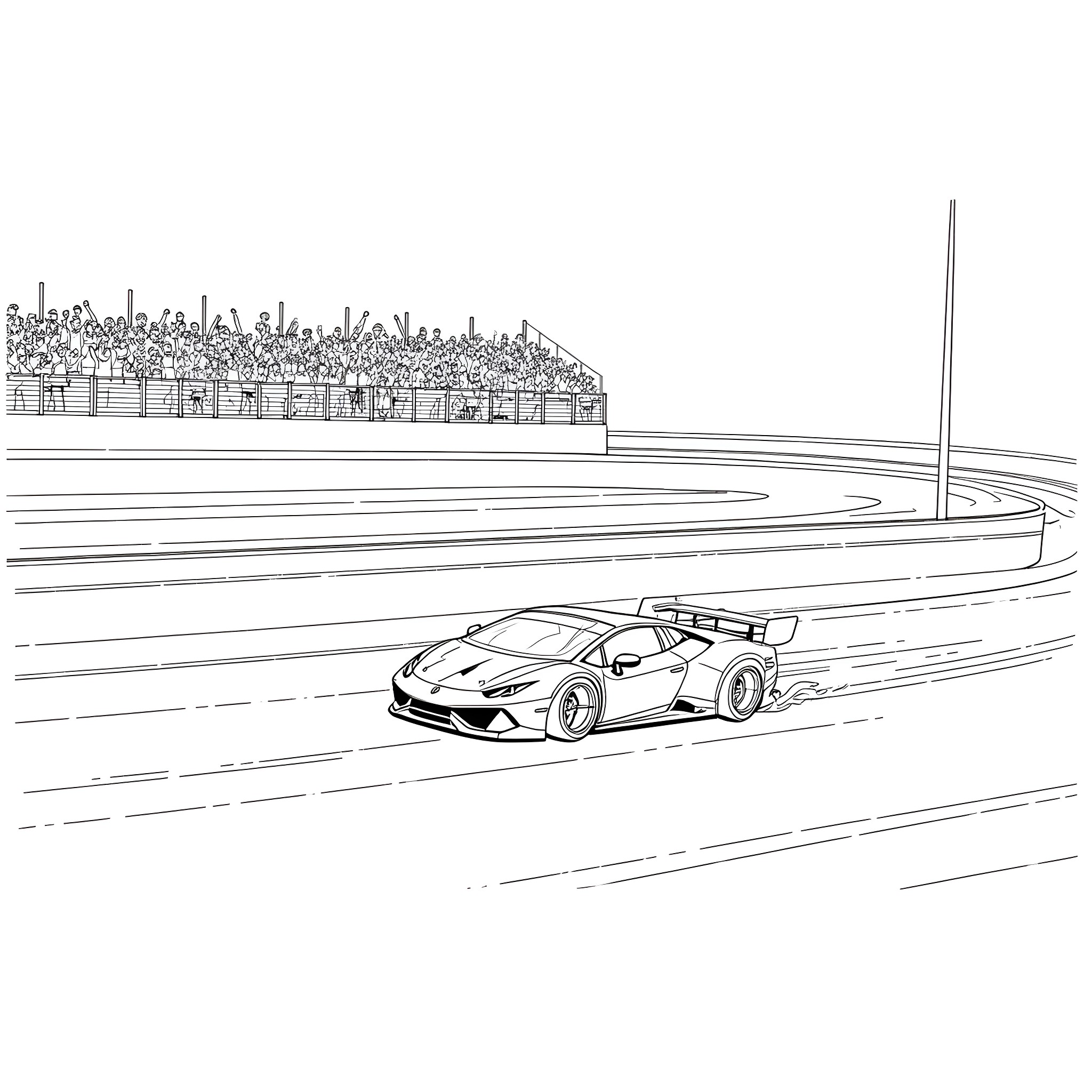 Race Car Speeding on the Race Track Coloring Page (free black-and-white line drawing printable PDF for all, from beginners to advanced learners, including children, teens, adults, and seniors)