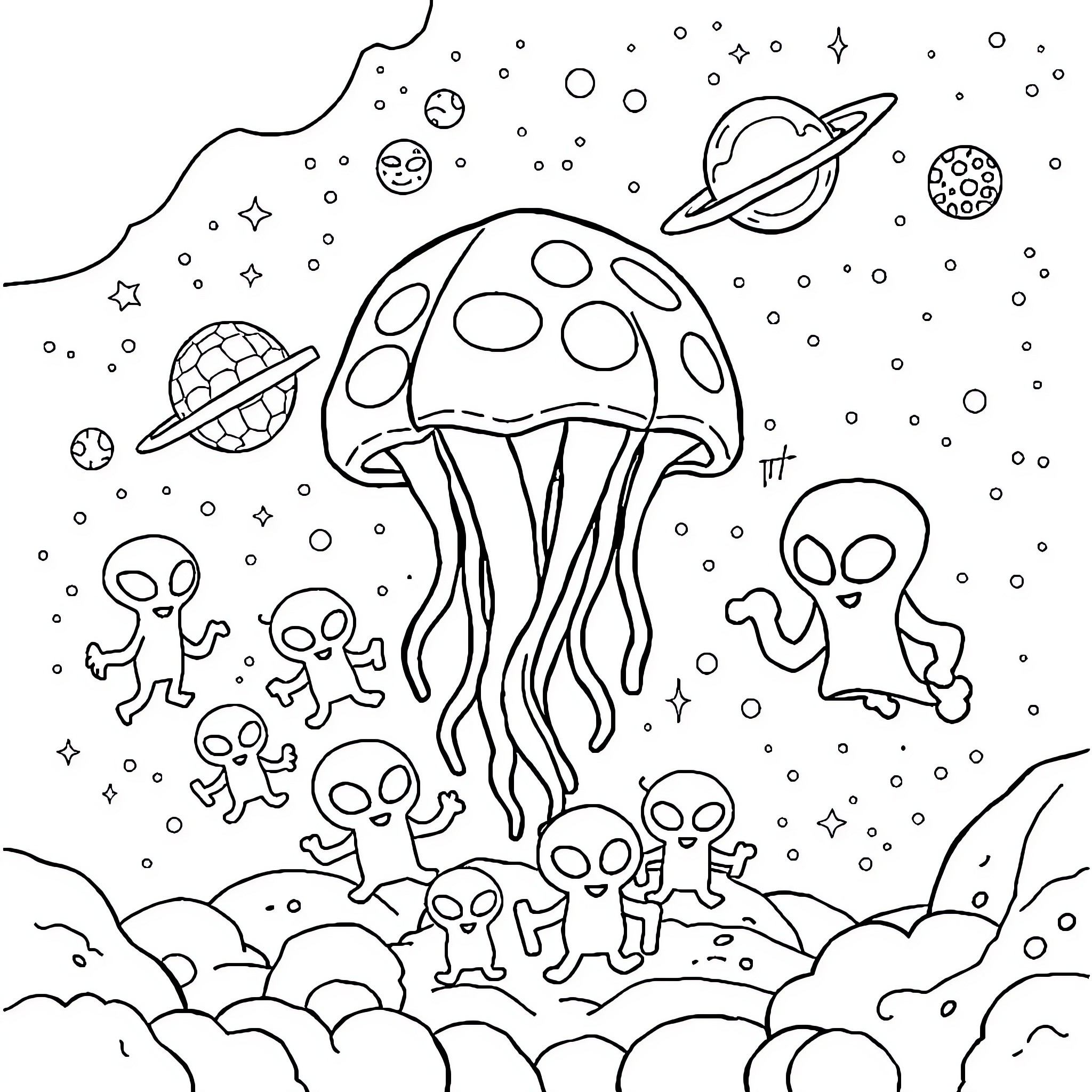 Jelly Aliens in a Cosmic Wonderland Coloring Page (free black-and-white line drawing printable PDF for all, from beginners to advanced learners, including children, teens, adults, and seniors)