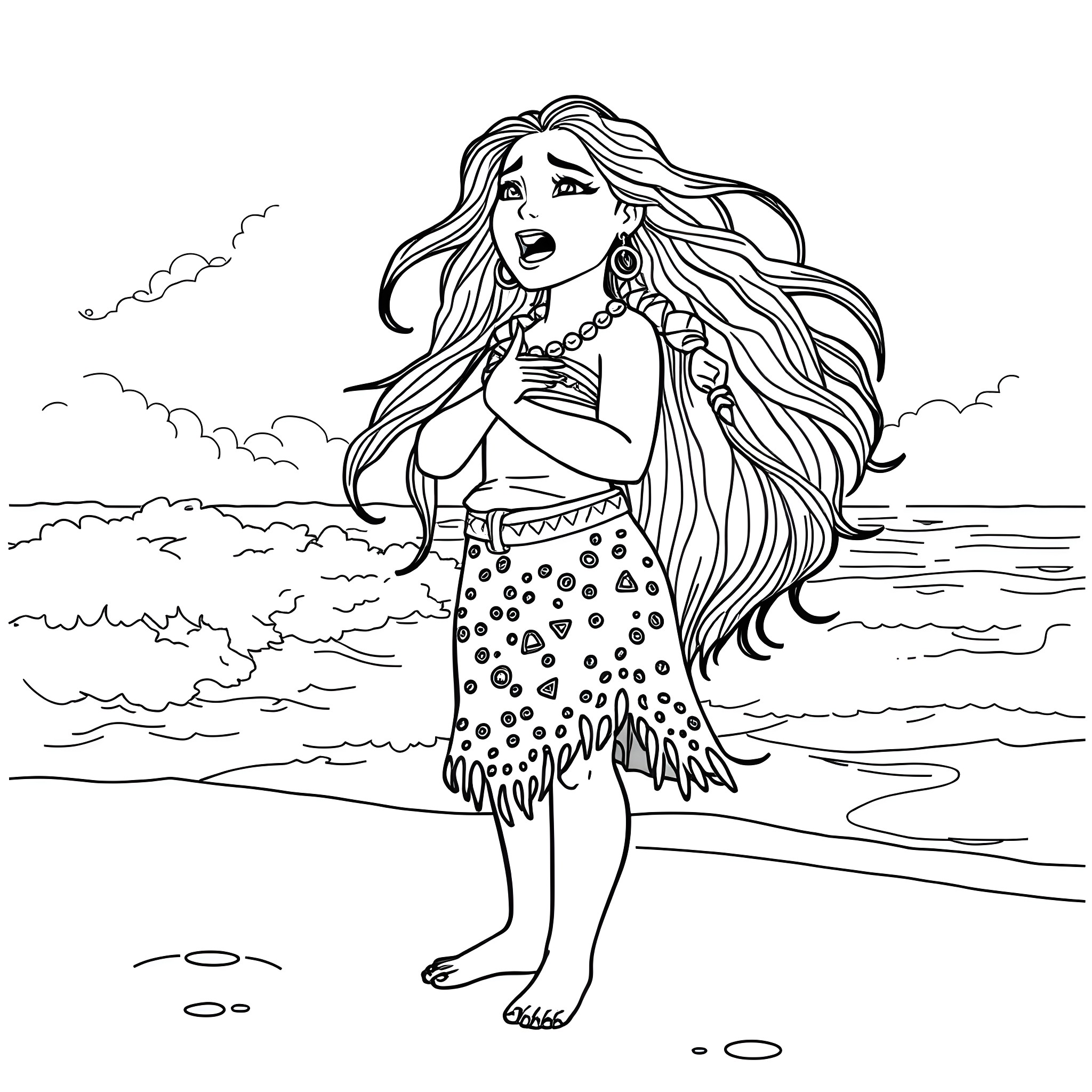 Moana expressing emotions by the ocean Coloring Page (free black-and-white line drawing printable PDF for all, from beginners to advanced learners, including children, teens, adults, and seniors)