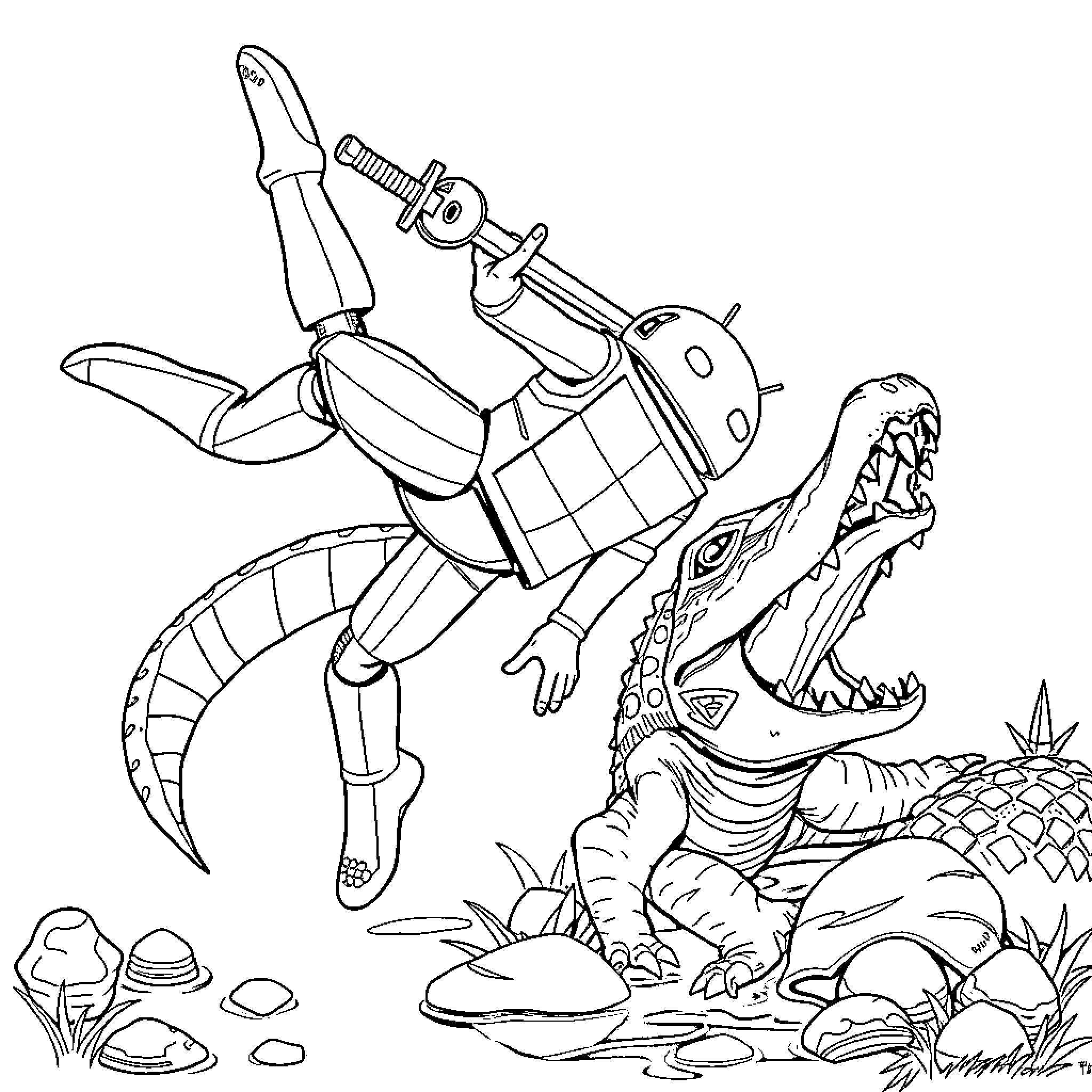Android exploring dangerous prehistoric environment Coloring Page (free black-and-white line drawing printable PDF for all, from beginners to advanced learners, including children, teens, adults, and seniors)