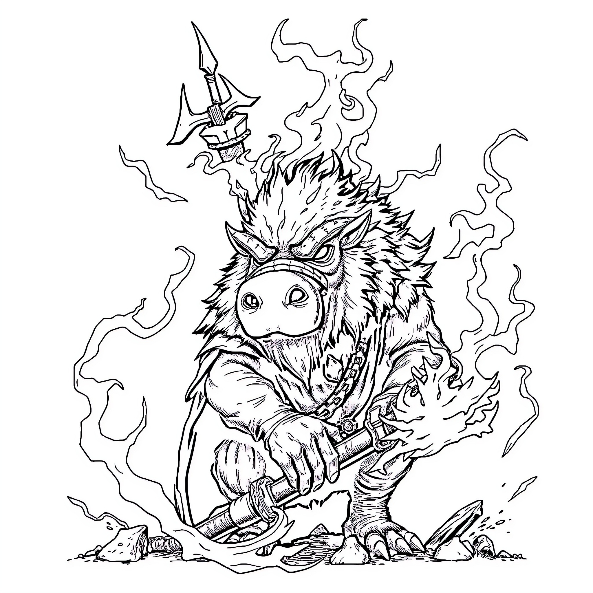Hog Rider wielding a flaming weapon amidst chaos Coloring Page (free black-and-white line drawing printable PDF for all, from beginners to advanced learners, including children, teens, adults, and seniors)