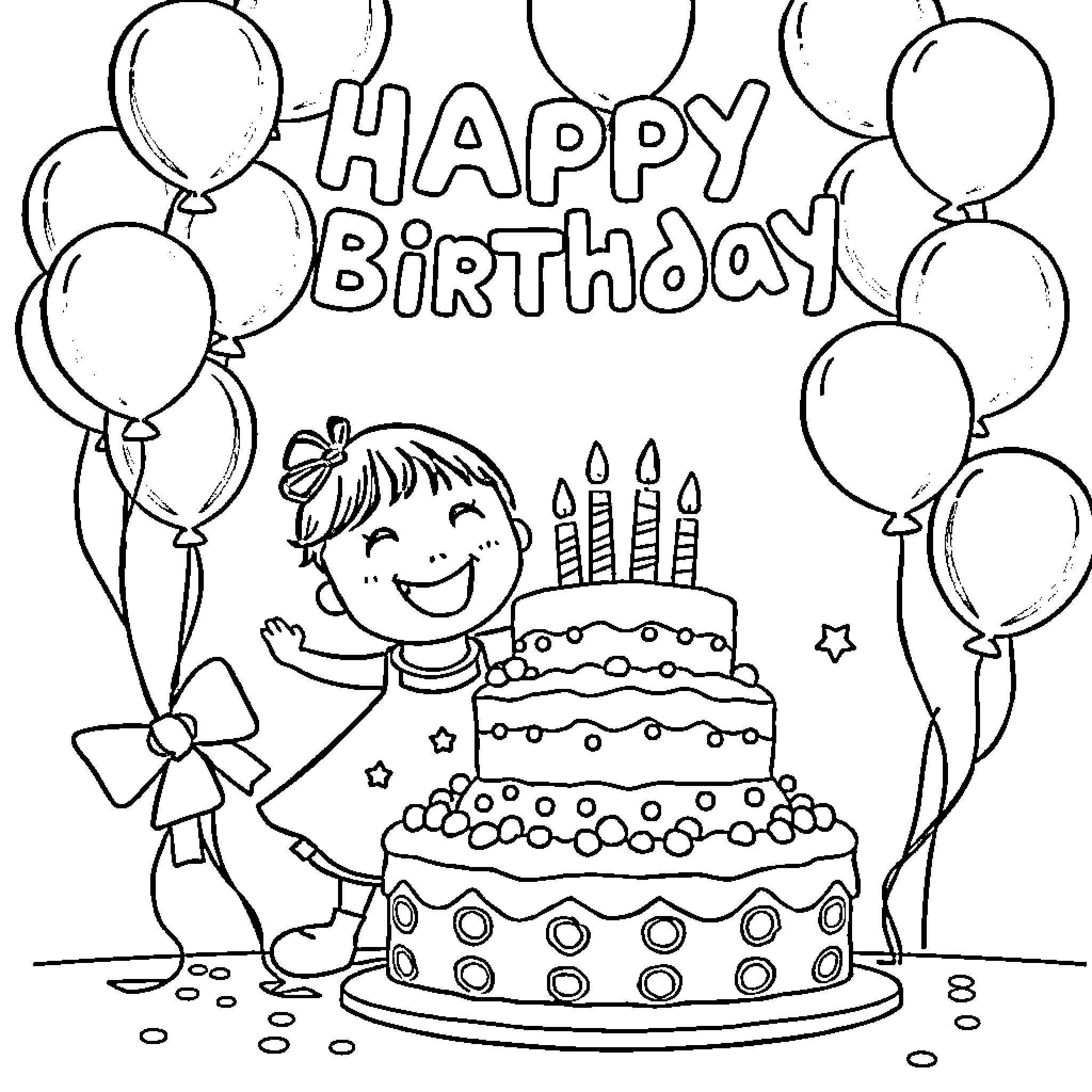 Birthday Celebration with Cake and Balloons Coloring Page (free black-and-white line drawing printable PDF for all, from beginners to advanced learners, including children, teens, adults, and seniors)