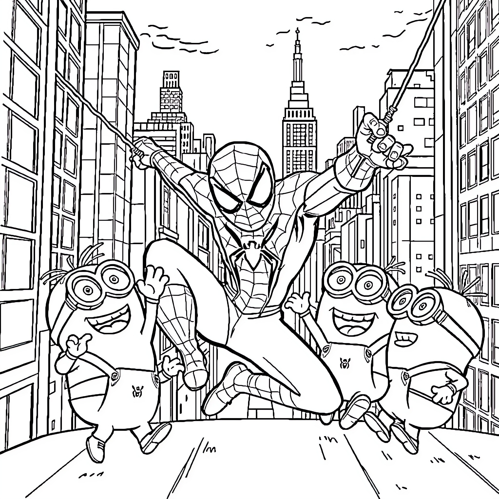 Minion superheroes explore the city with Spider-Man Coloring Page (free black-and-white line drawing printable PDF for all, from beginners to advanced learners, including children, teens, adults, and seniors)