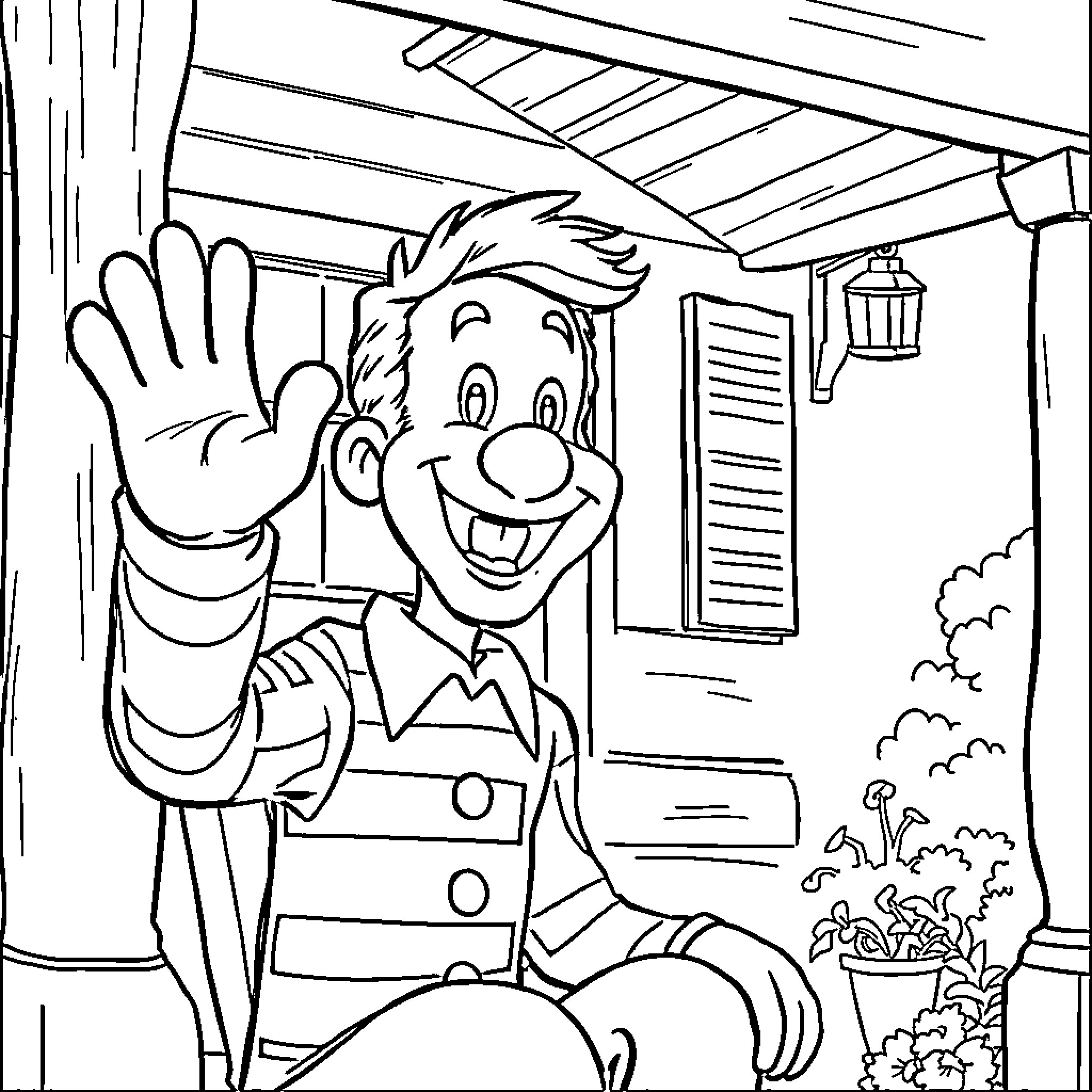 Mr Roger Waving Happily from his Neighborhood Home Coloring Page (free black-and-white line drawing printable PDF for all, from beginners to advanced learners, including children, teens, adults, and seniors)