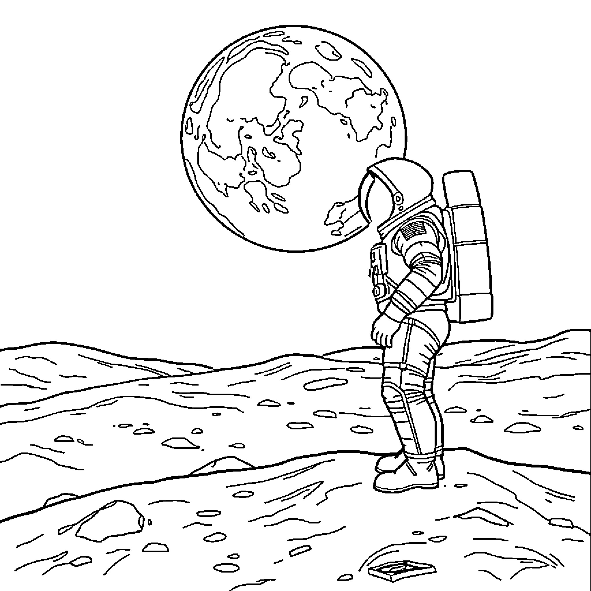 Astronaut exploring the lunar surface Coloring Page (free black-and-white line drawing printable PDF for all, from beginners to advanced learners, including children, teens, adults, and seniors)