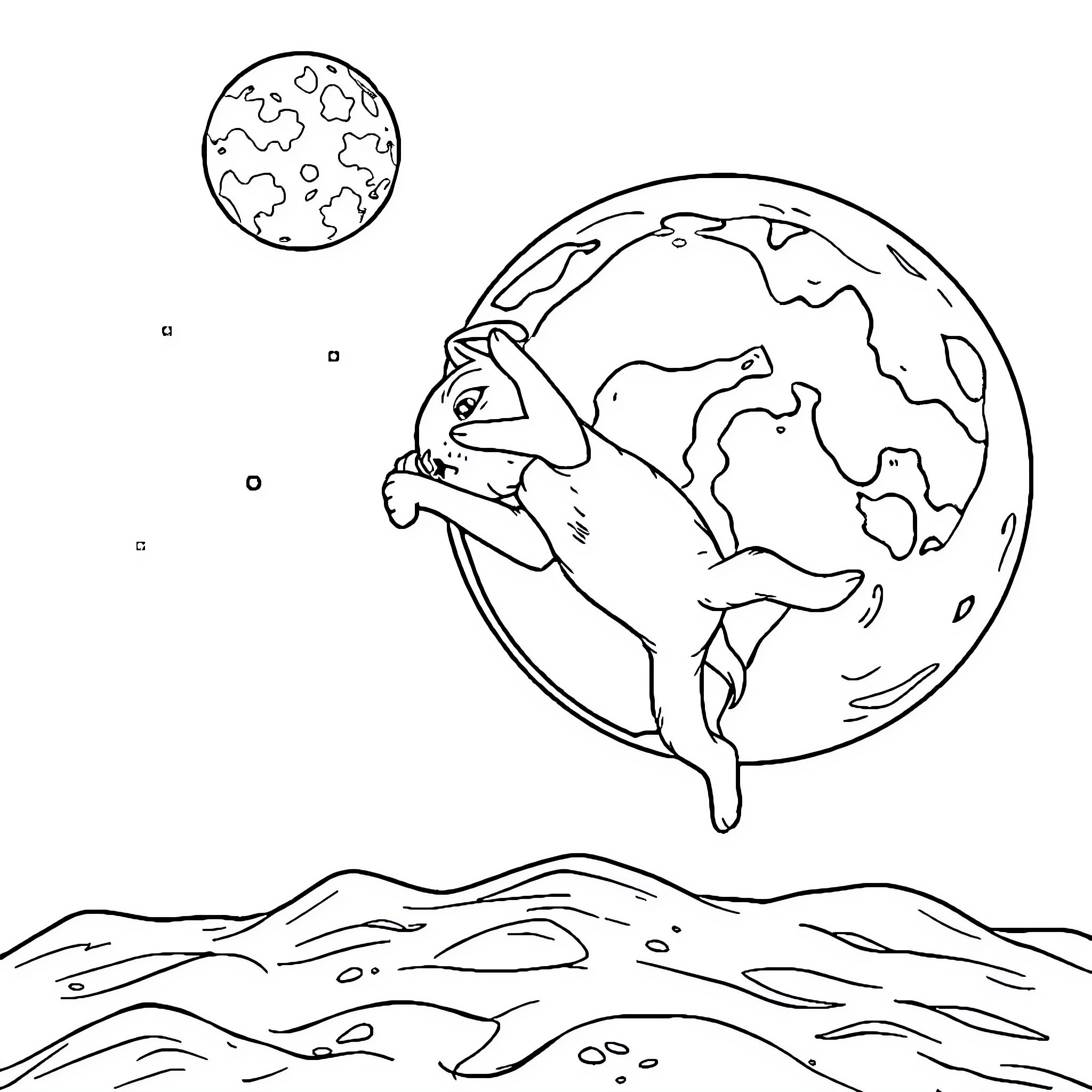 Puppy chasing the moon over mountains Coloring Page (free black-and-white line drawing printable PDF for all, from beginners to advanced learners, including children, teens, adults, and seniors)