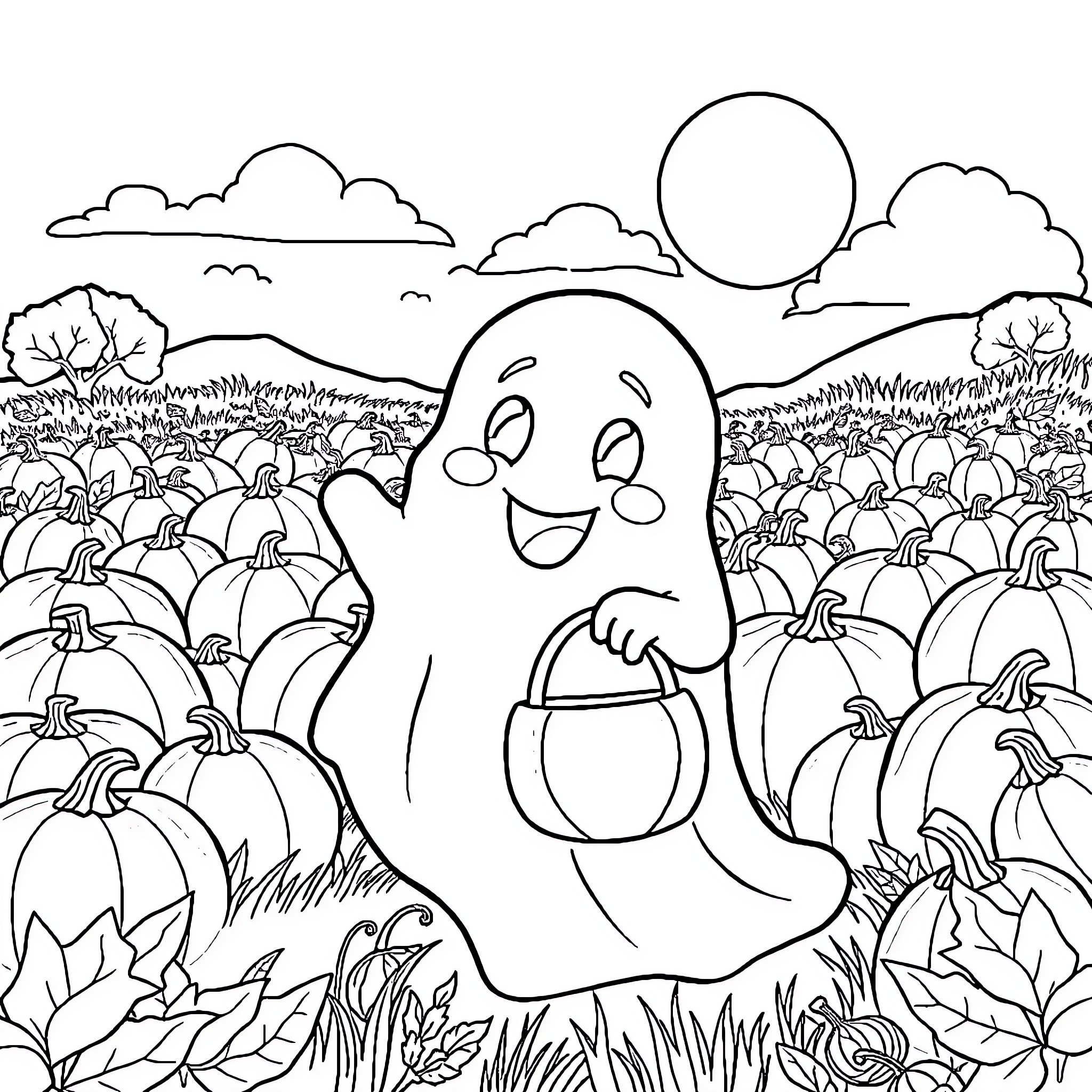 Ghost enjoying the pumpkin patch Coloring Page (free black-and-white line drawing printable PDF for all, from beginners to advanced learners, including children, teens, adults, and seniors)