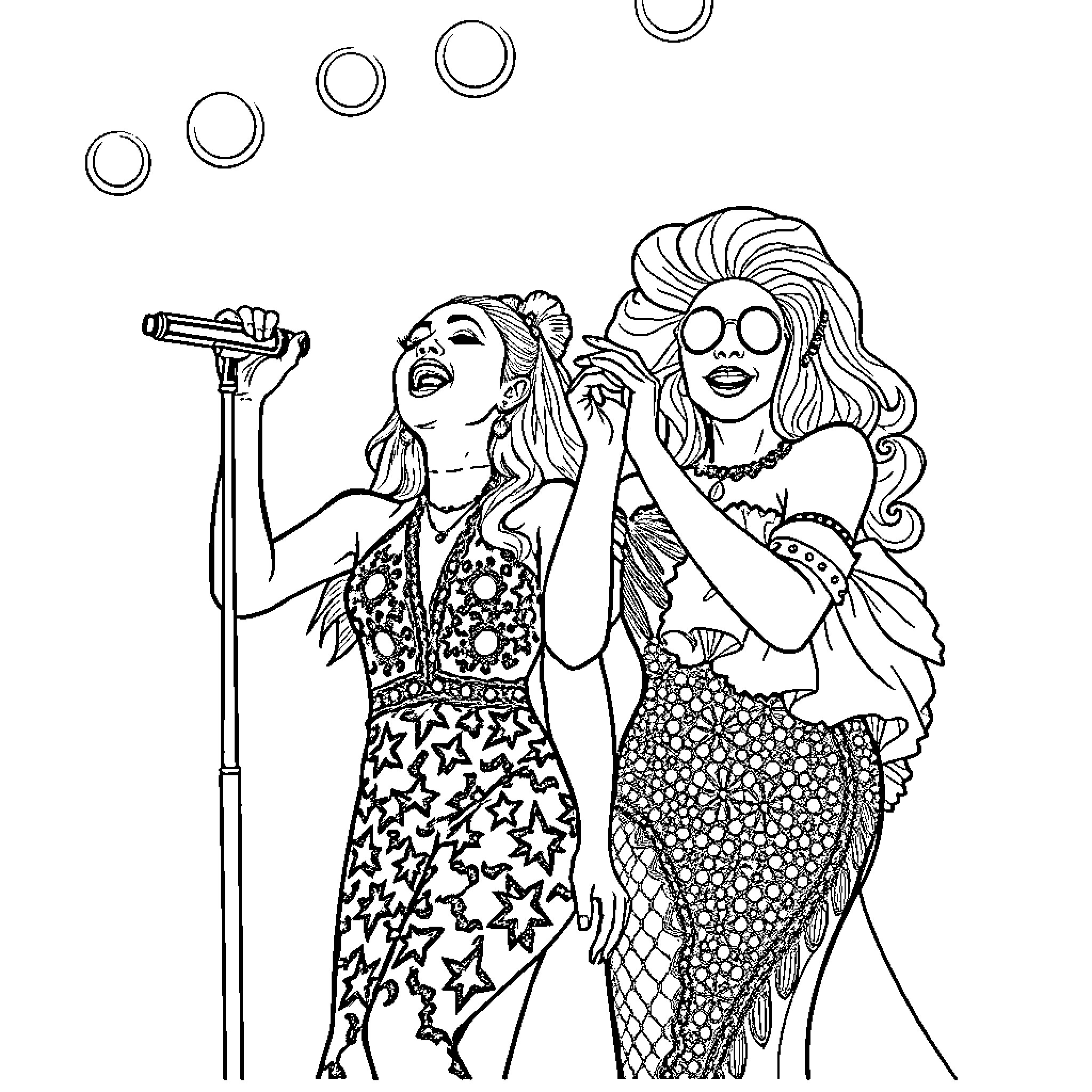 Ariana Grande performing with backup singer on stage Coloring Page (free black-and-white line drawing printable PDF for all, from beginners to advanced learners, including children, teens, adults, and seniors)