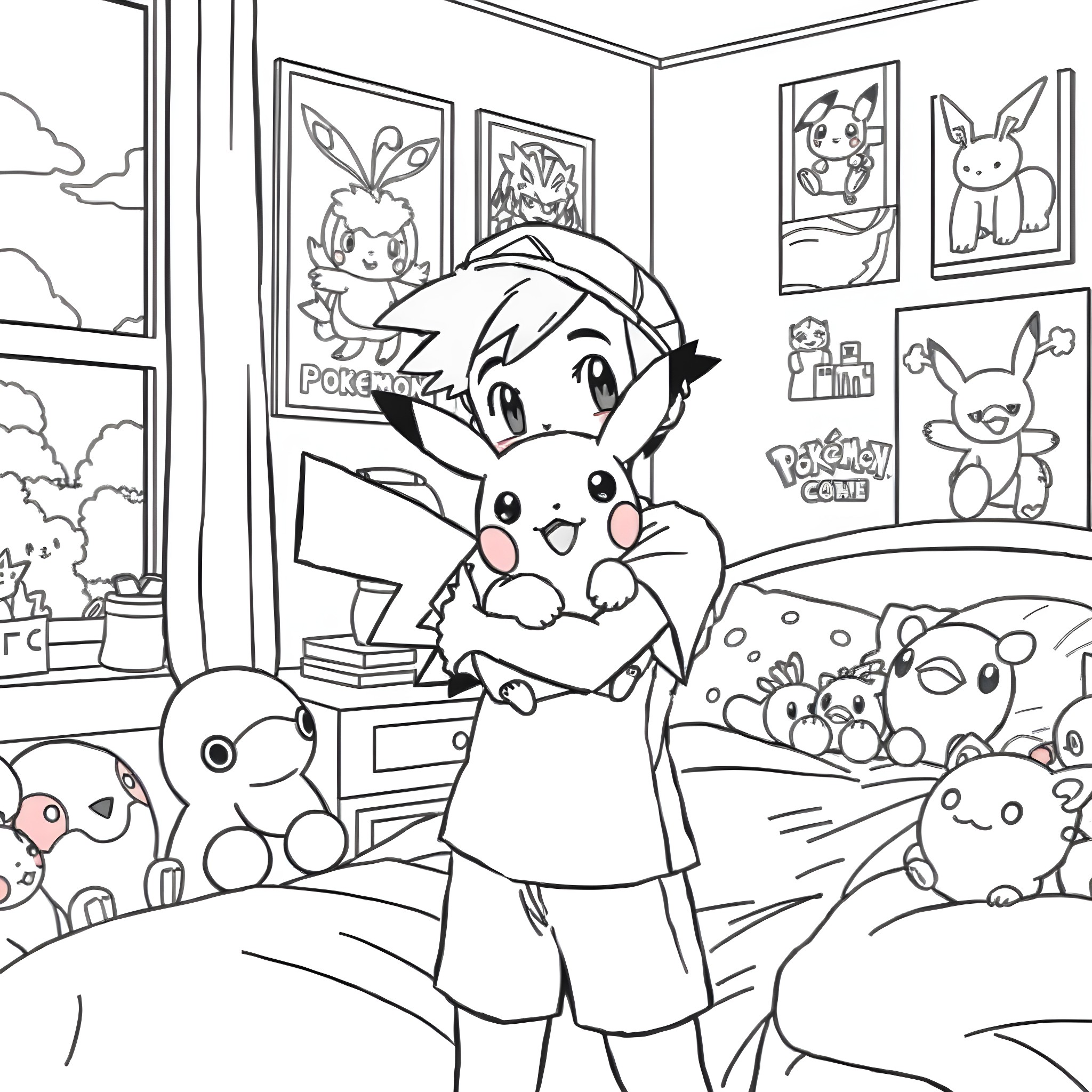 Ash Ketchum exploring a Pokemon world Coloring Page (free black-and-white line drawing printable PDF for all, from beginners to advanced learners, including children, teens, adults, and seniors)