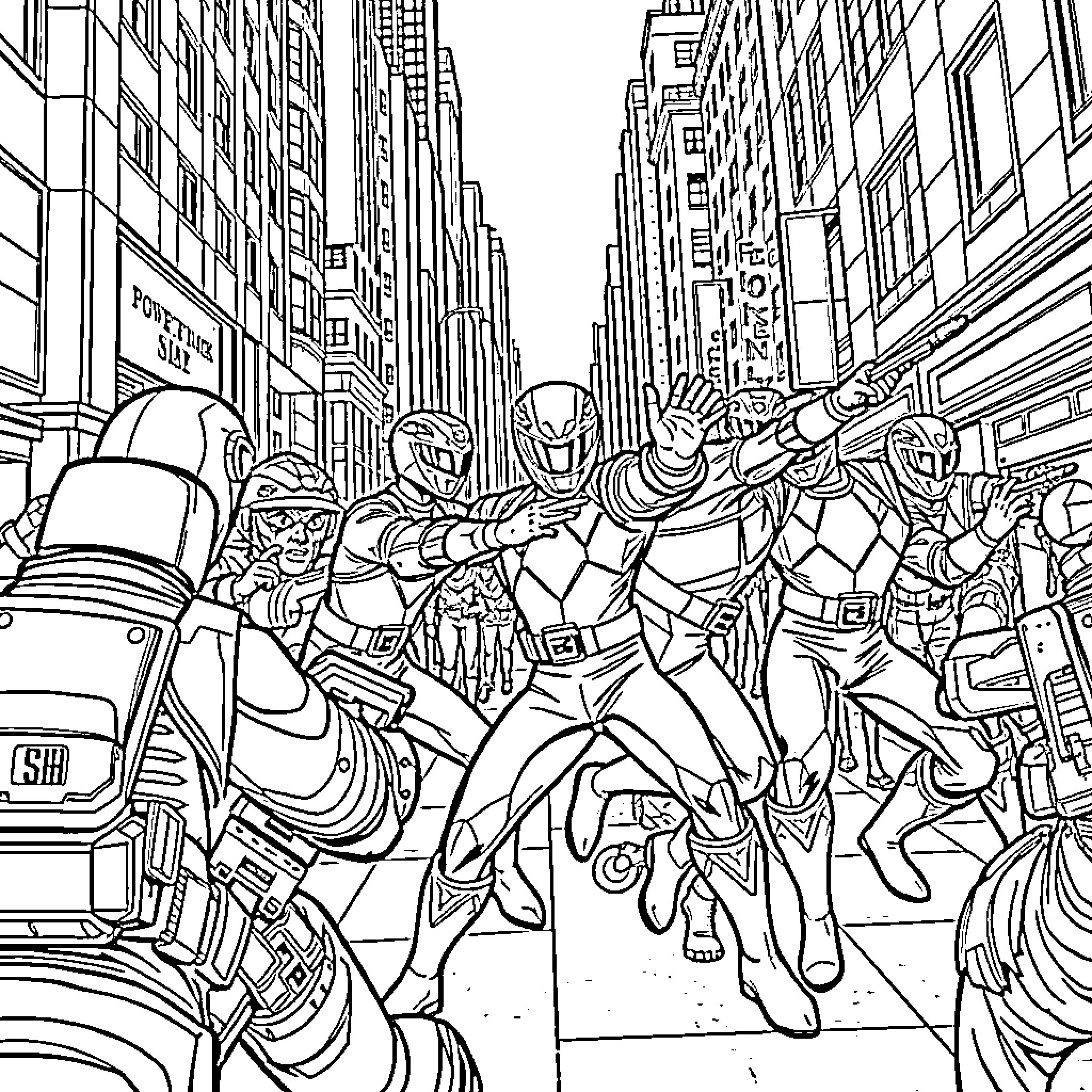 Power Rangers on a city street adventure Coloring Page (free black-and-white line drawing printable PDF for all, from beginners to advanced learners, including children, teens, adults, and seniors)