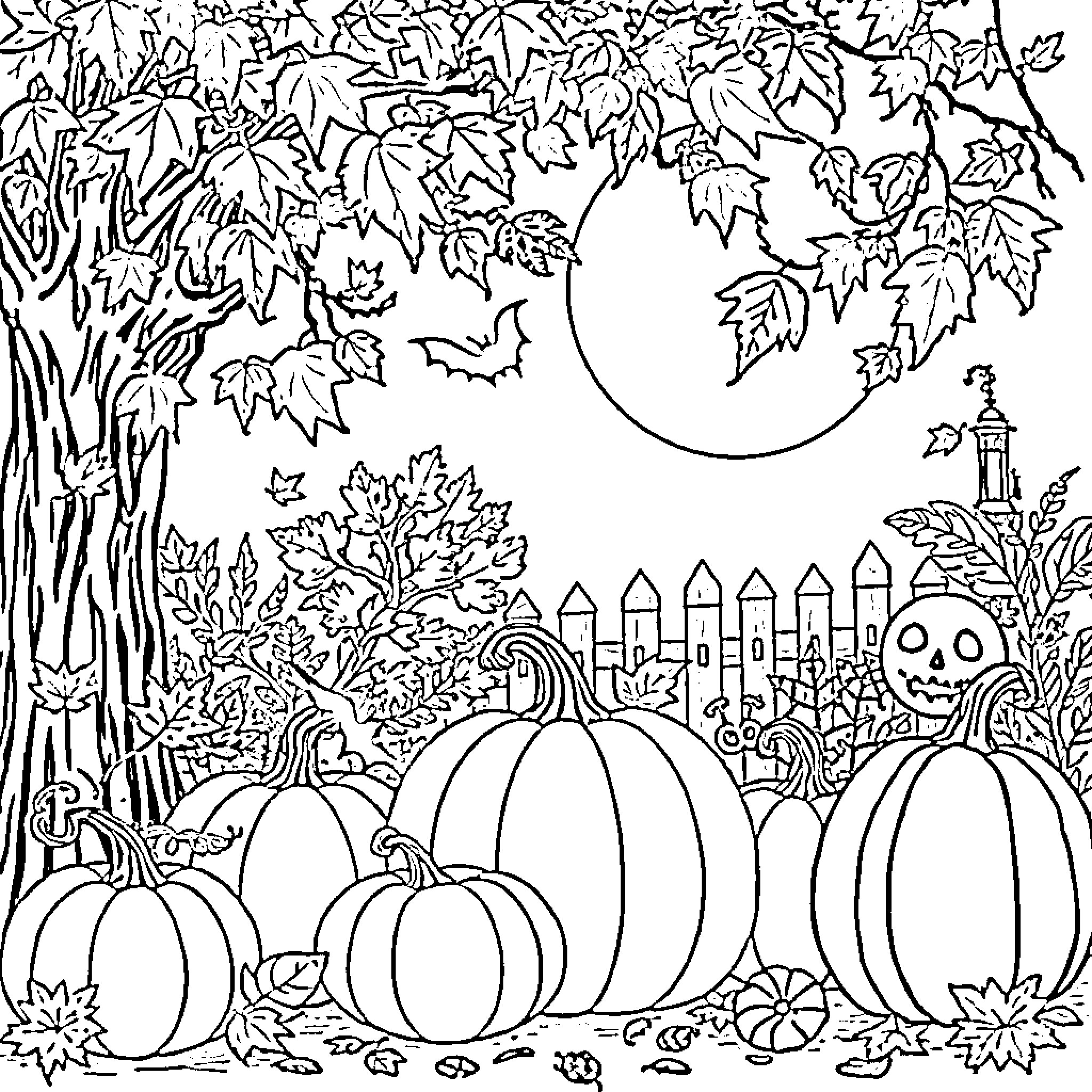 Fall Harvest of Pumpkins in the Moonlit Garden Coloring Page (free black-and-white line drawing printable PDF for all, from beginners to advanced learners, including children, teens, adults, and seniors)