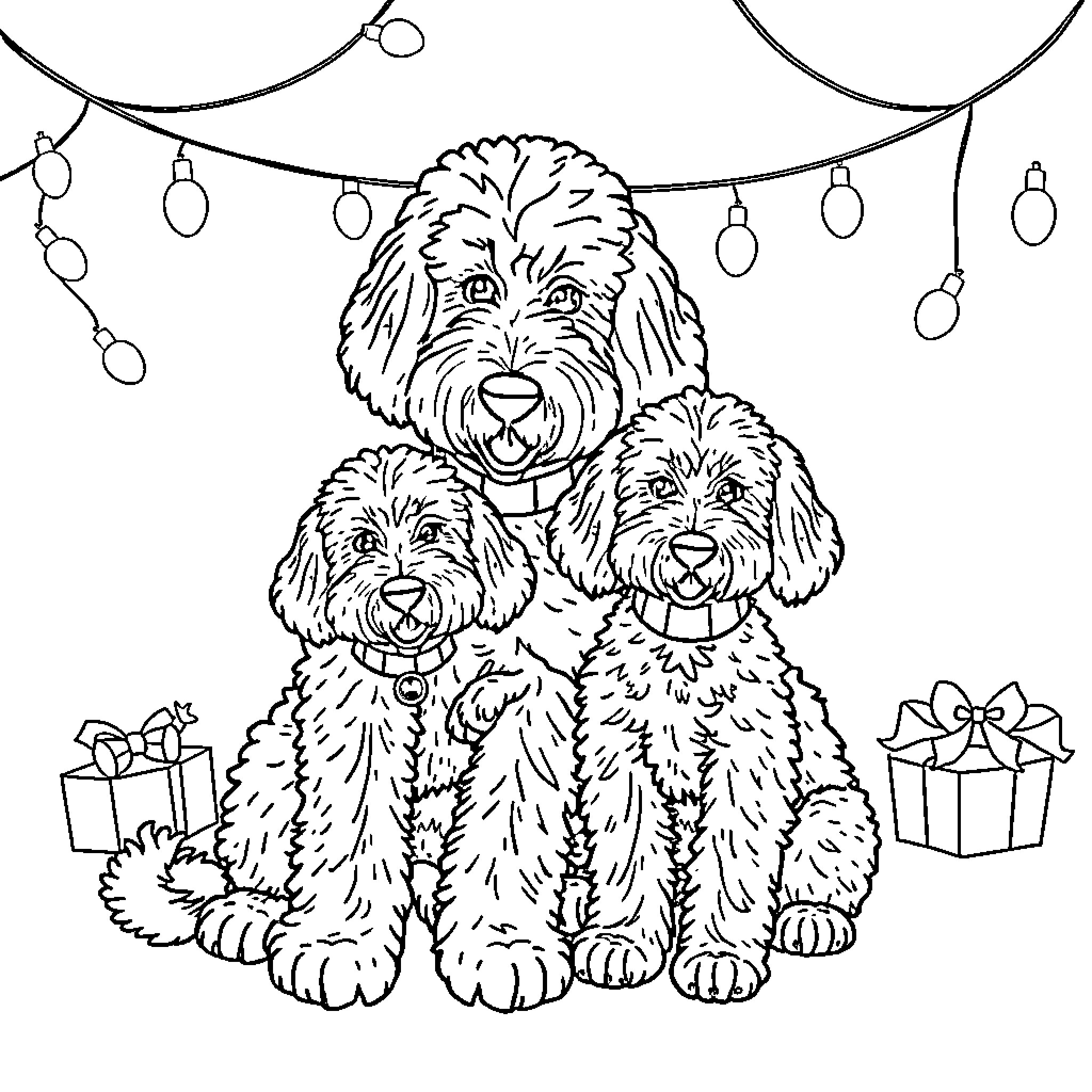 Doodle Dog Celebrating with Presents and String Lights Coloring Page (free black-and-white line drawing printable PDF for all, from beginners to advanced learners, including children, teens, adults, and seniors)