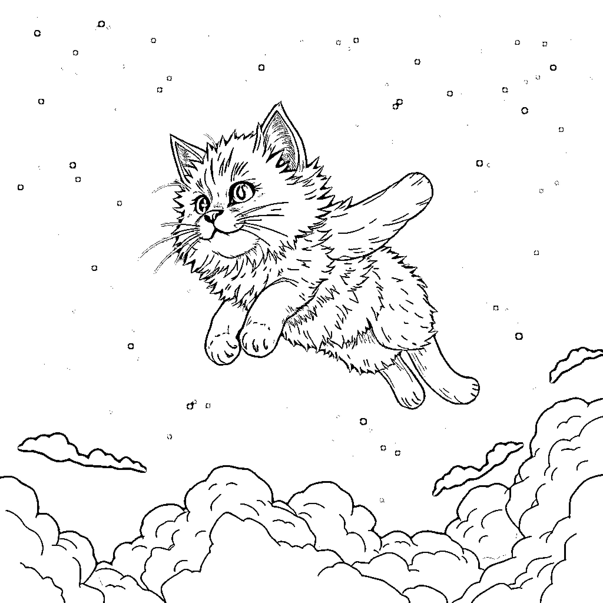 Cat flying through cloudy sky Coloring Page (free black-and-white line drawing printable PDF for all, from beginners to advanced learners, including children, teens, adults, and seniors)