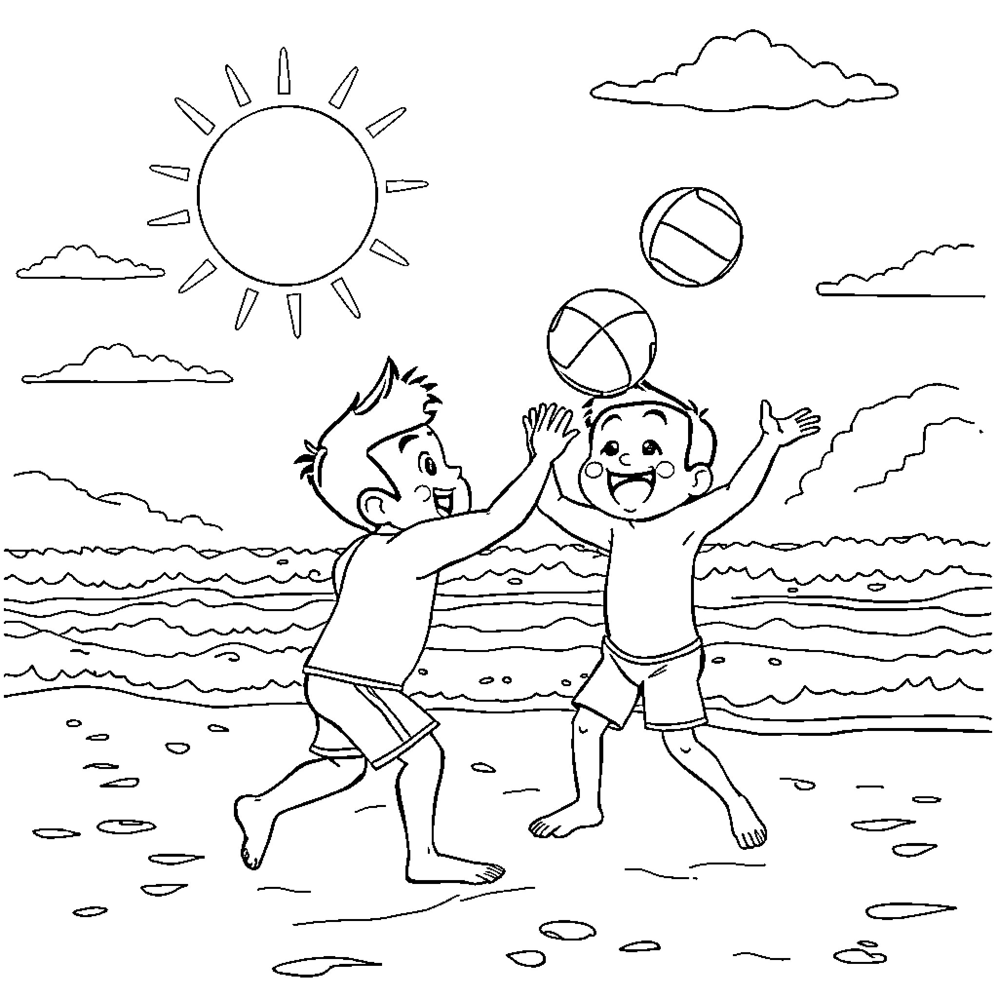 Tung boys playing beach ball in sunny day Coloring Page (free black-and-white line drawing printable PDF for all, from beginners to advanced learners, including children, teens, adults, and seniors)