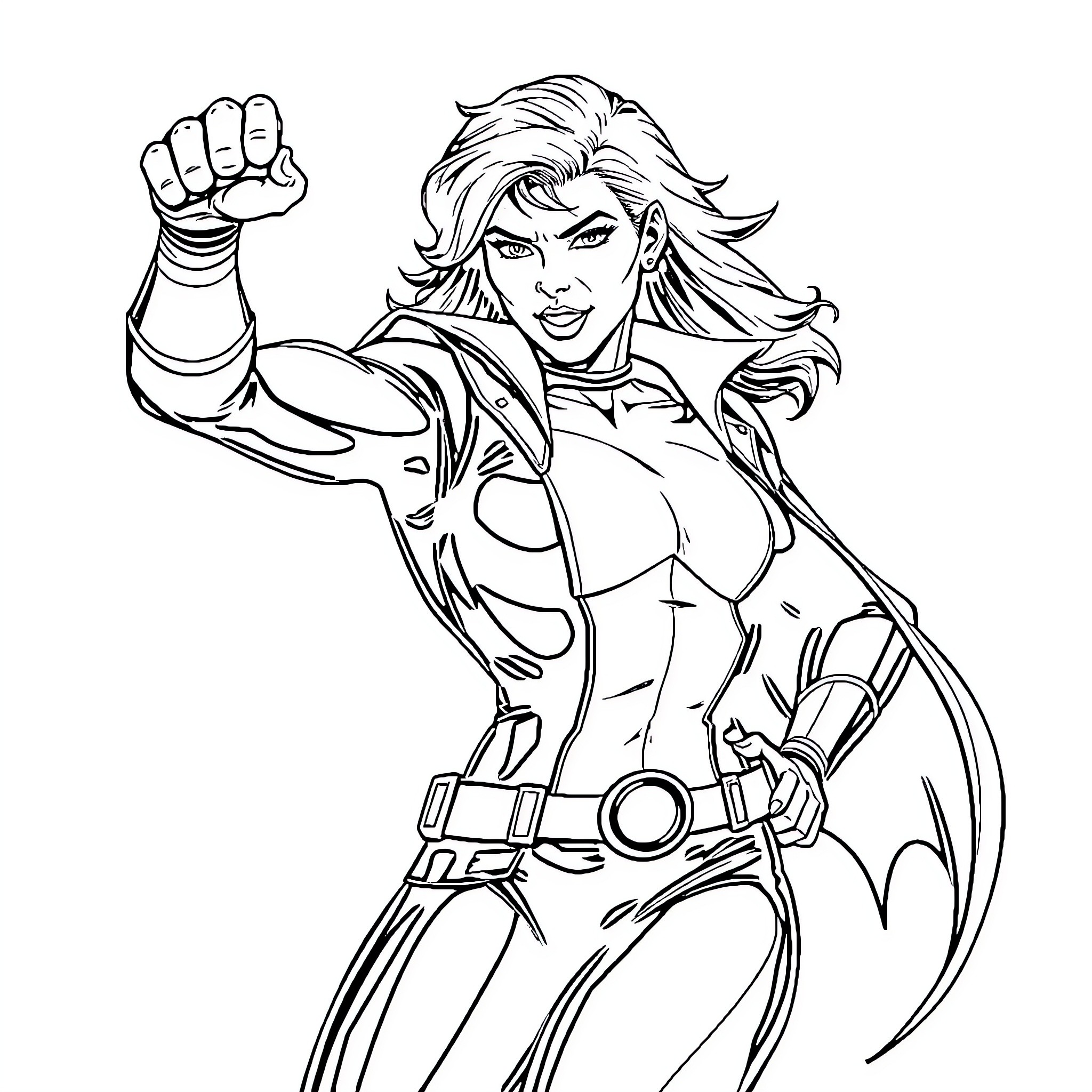 Gwen Tennyson in heroic action pose Coloring Page (free black-and-white line drawing printable PDF for all, from beginners to advanced learners, including children, teens, adults, and seniors)