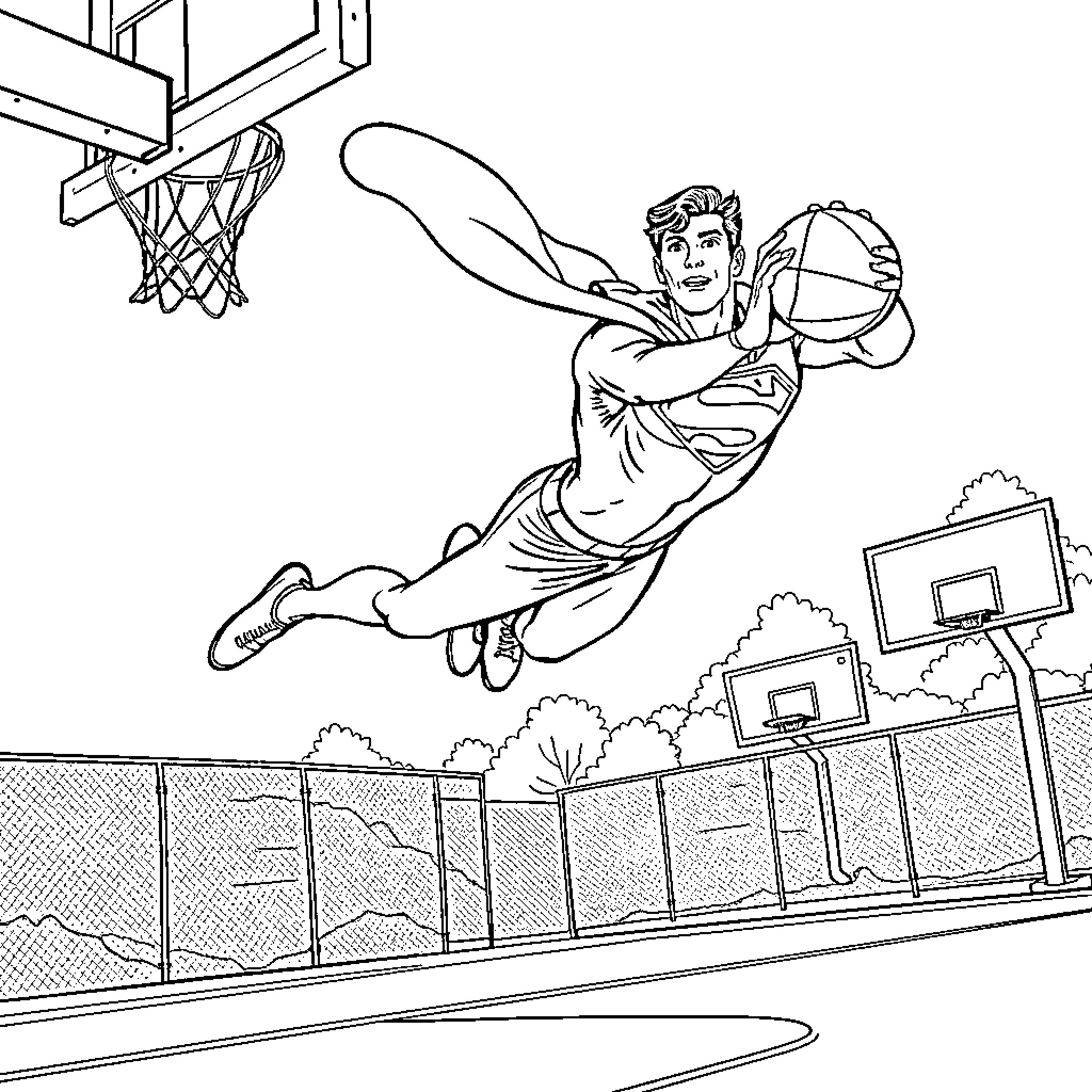 Superman making a basketball dunk on an outdoor court Coloring Page (free black-and-white line drawing printable PDF for all, from beginners to advanced learners, including children, teens, adults, and seniors)