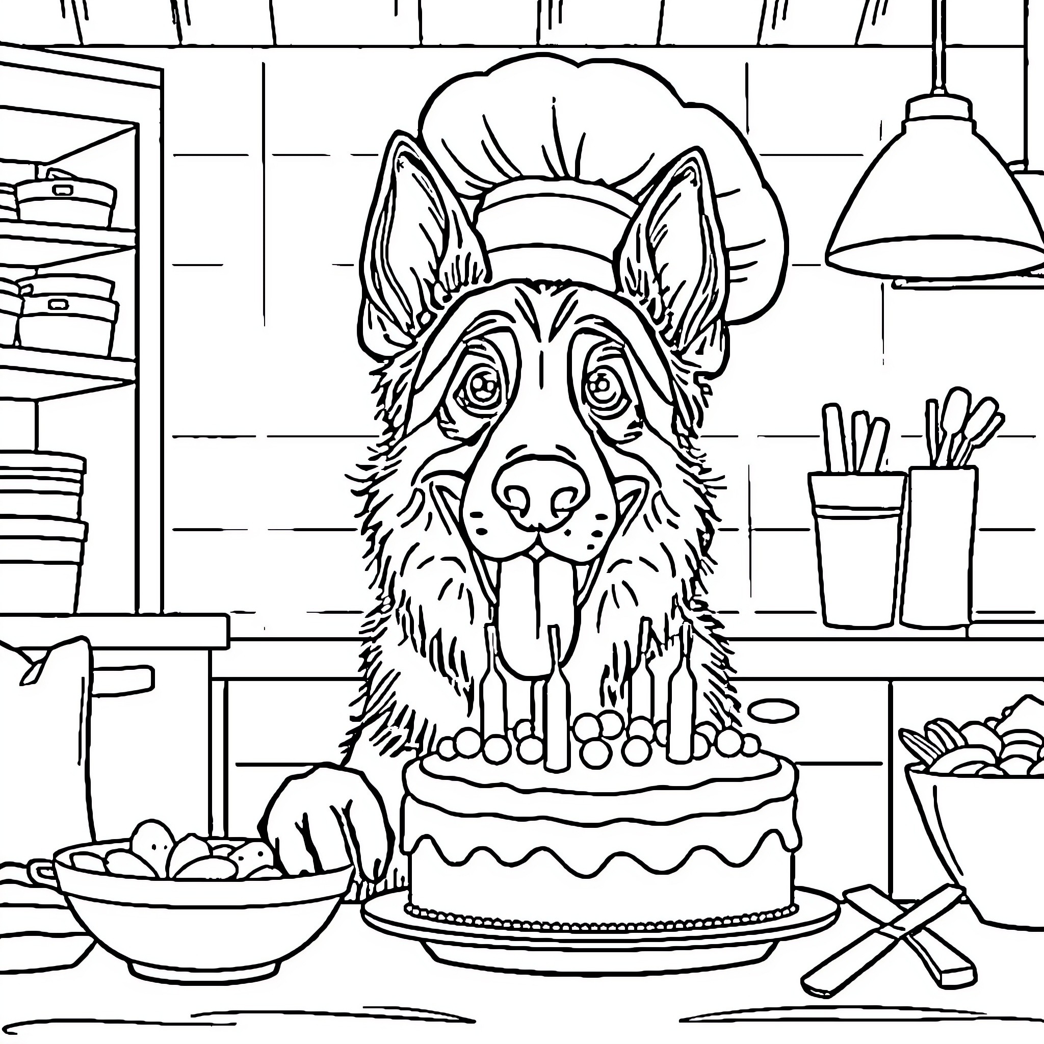 German Shepherd chef baking a cake in the kitchen Coloring Page (free black-and-white line drawing printable PDF for all, from beginners to advanced learners, including children, teens, adults, and seniors)