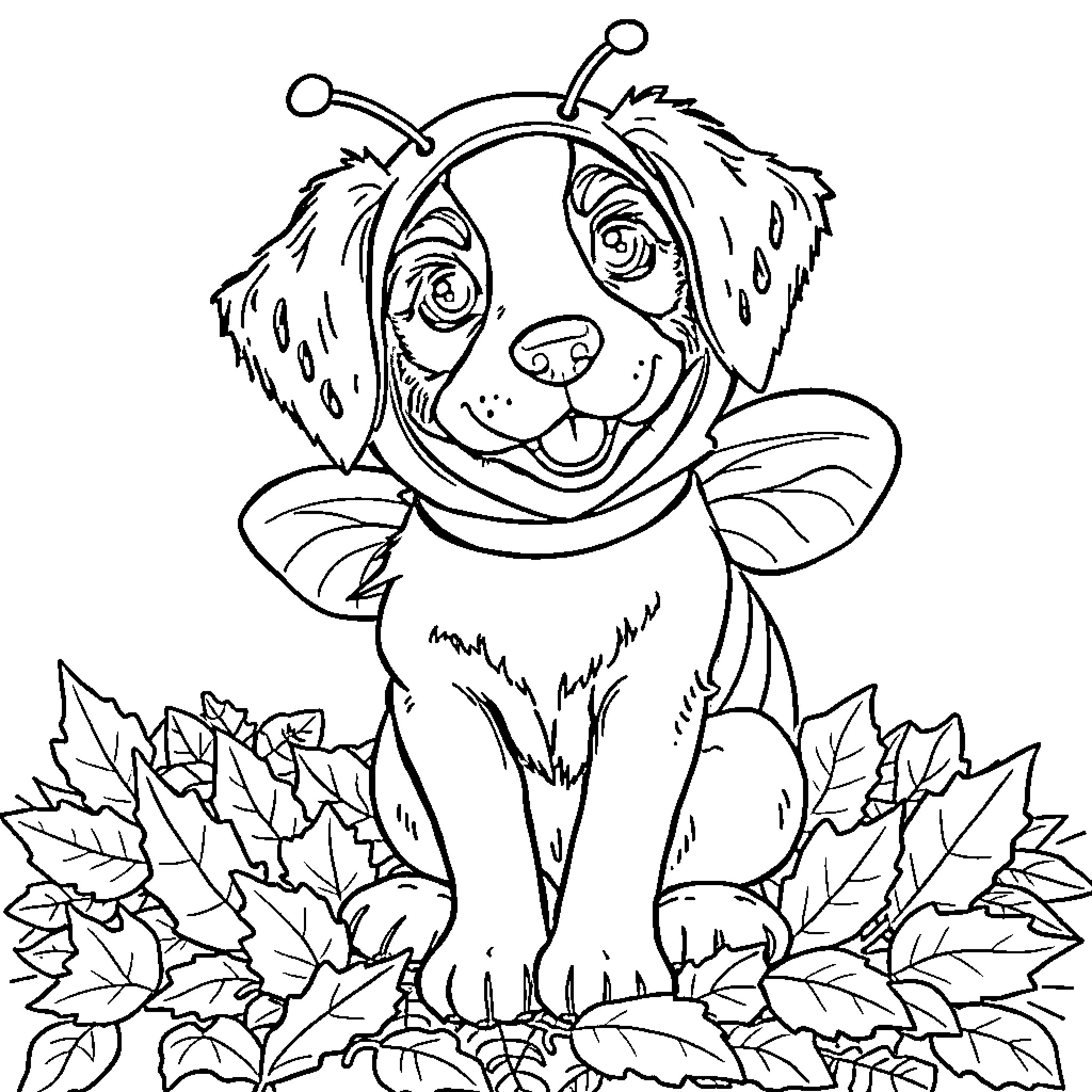 Brittany Spaniel enjoying autumn leaves Coloring Page (free black-and-white line drawing printable PDF for all, from beginners to advanced learners, including children, teens, adults, and seniors)