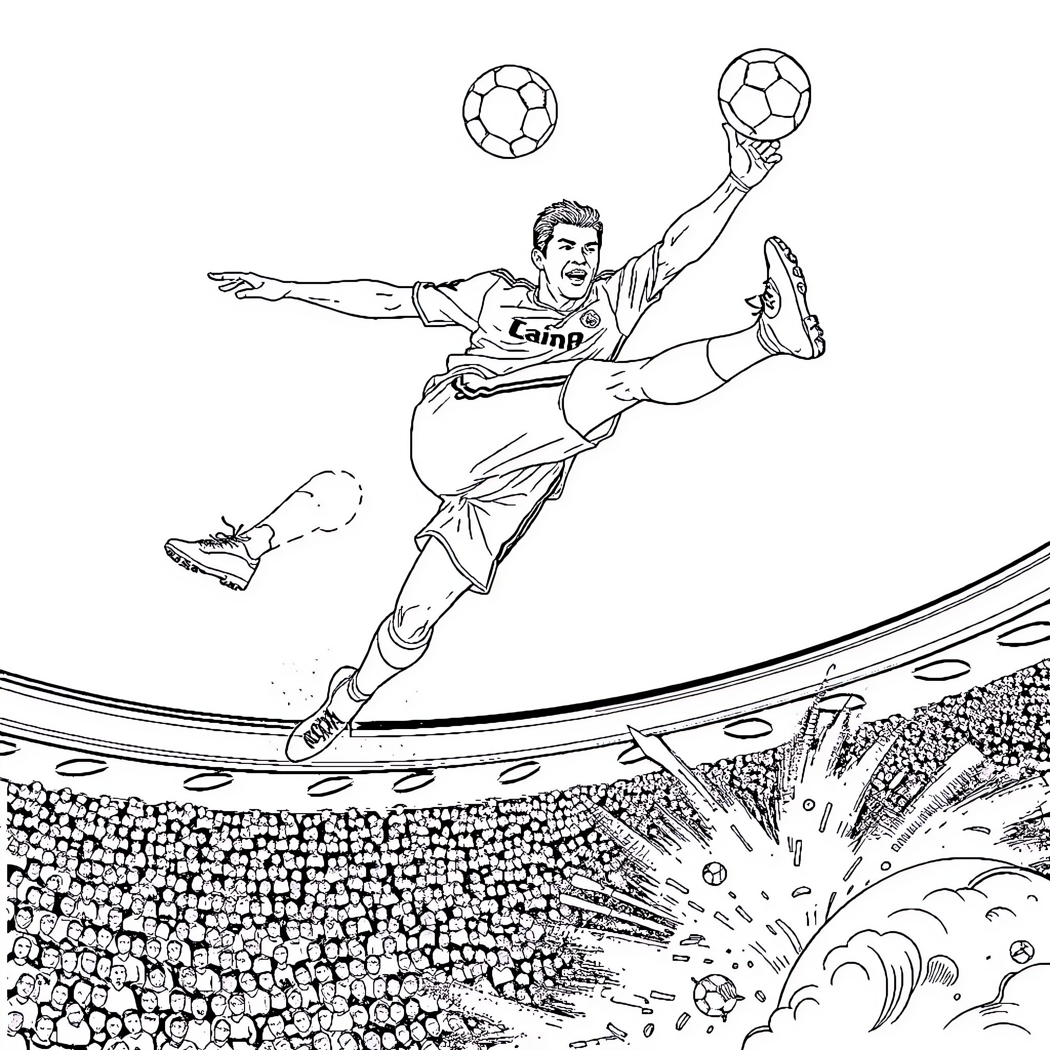 Cristiano Ronaldo performing acrobatic soccer move in the stadium Coloring Page (free black-and-white line drawing printable PDF for all, from beginners to advanced learners, including children, teens, adults, and seniors)