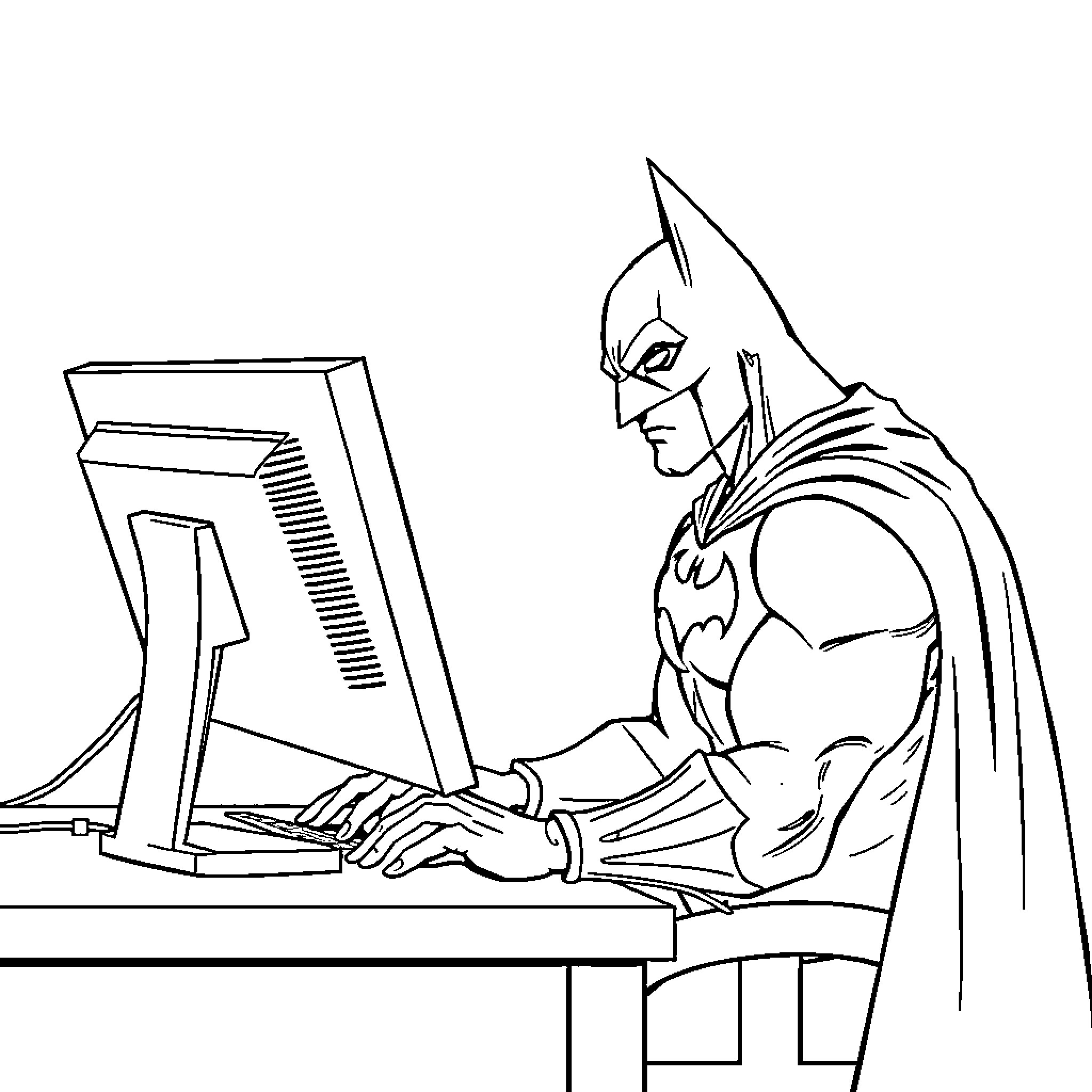 Batman Working Diligently on Computer Coloring Page (free black-and-white line drawing printable PDF for all, from beginners to advanced learners, including children, teens, adults, and seniors)