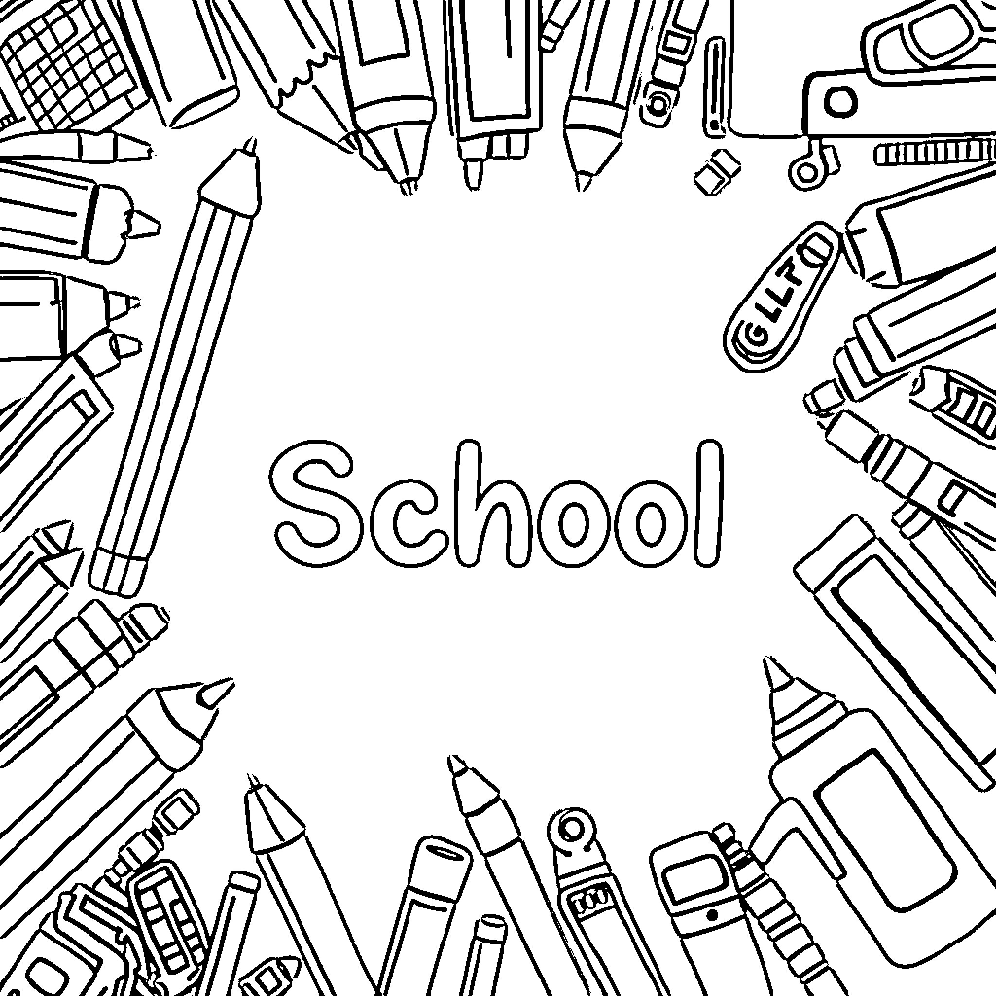 School Supplies Arranged in a Frame Coloring Page (free black-and-white line drawing printable PDF for all, from beginners to advanced learners, including children, teens, adults, and seniors)