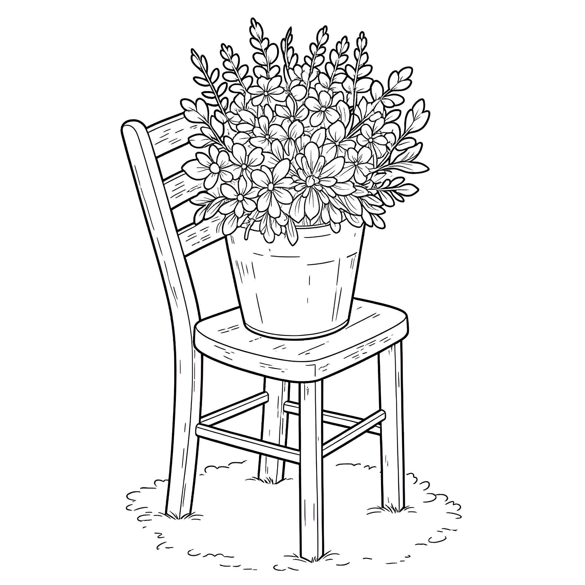 Flower Pot on Rustic Chair Coloring Page (free black-and-white line drawing printable PDF for all, from beginners to advanced learners, including children, teens, adults, and seniors)